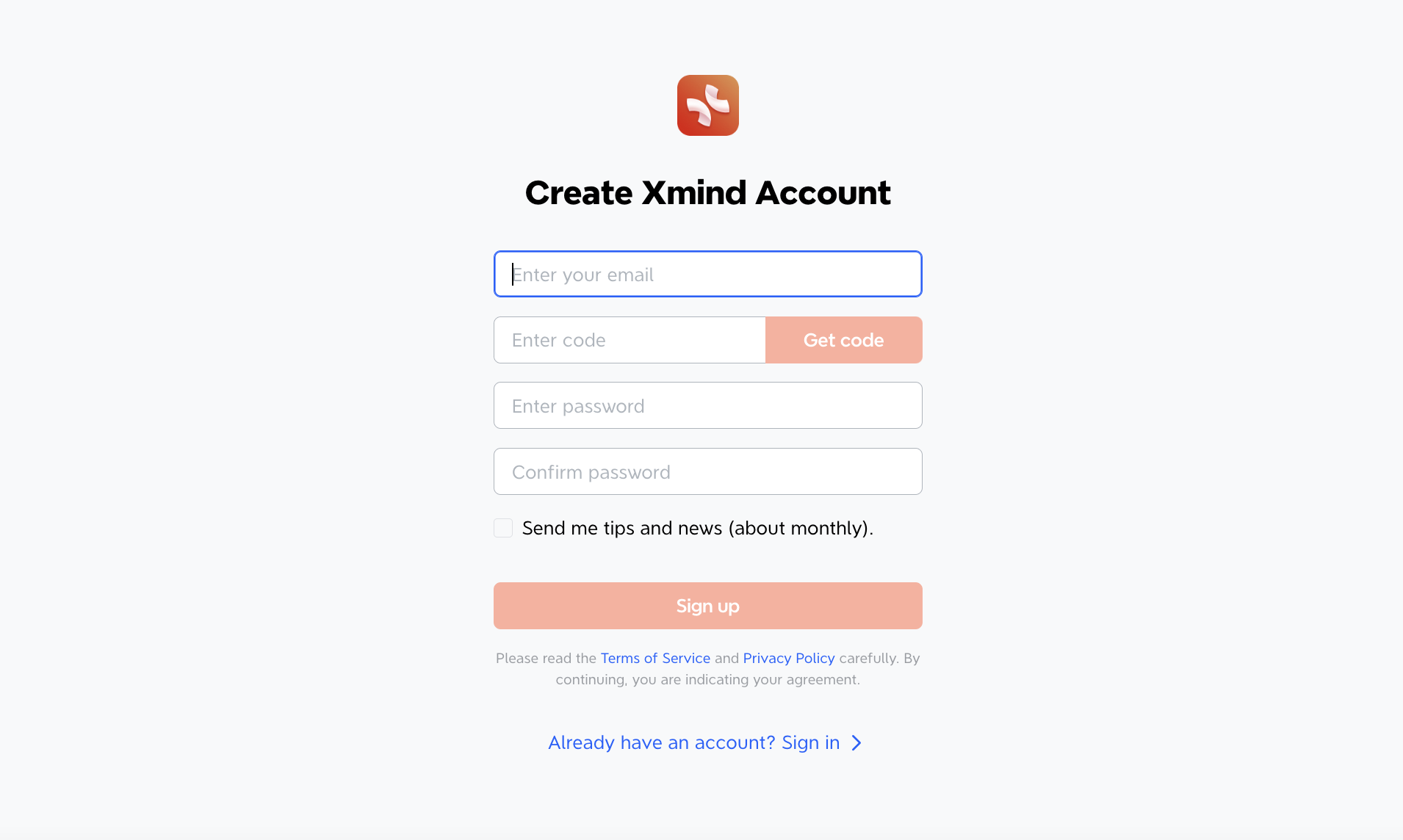 Account creation form for Xmind with fields for email, code, password, and an option for updates.