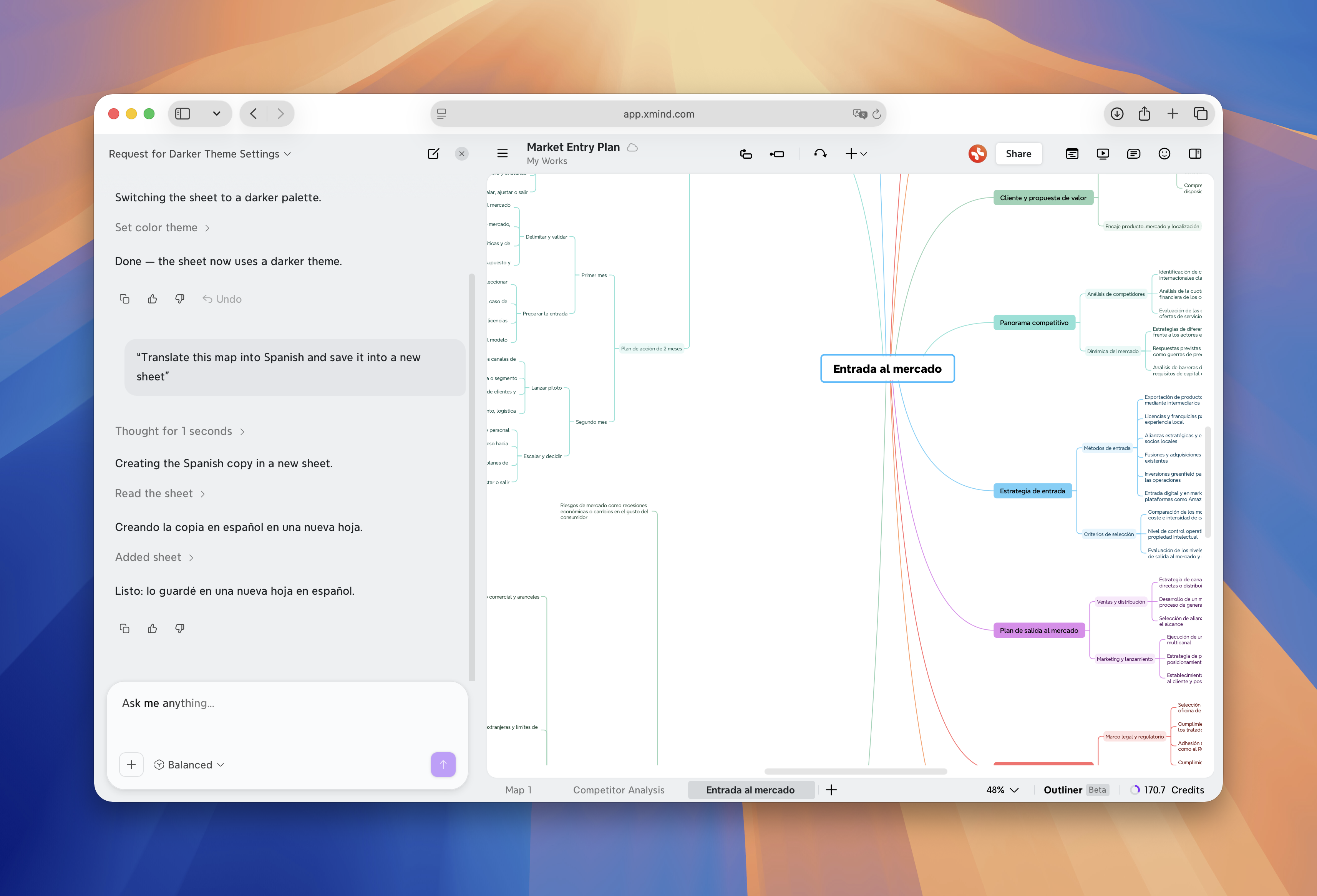 Xmind AIはマインドマップをスペイン語に翻訳し、元の構造を保ったまま、翻訳版を新しいシートとして保存します。
