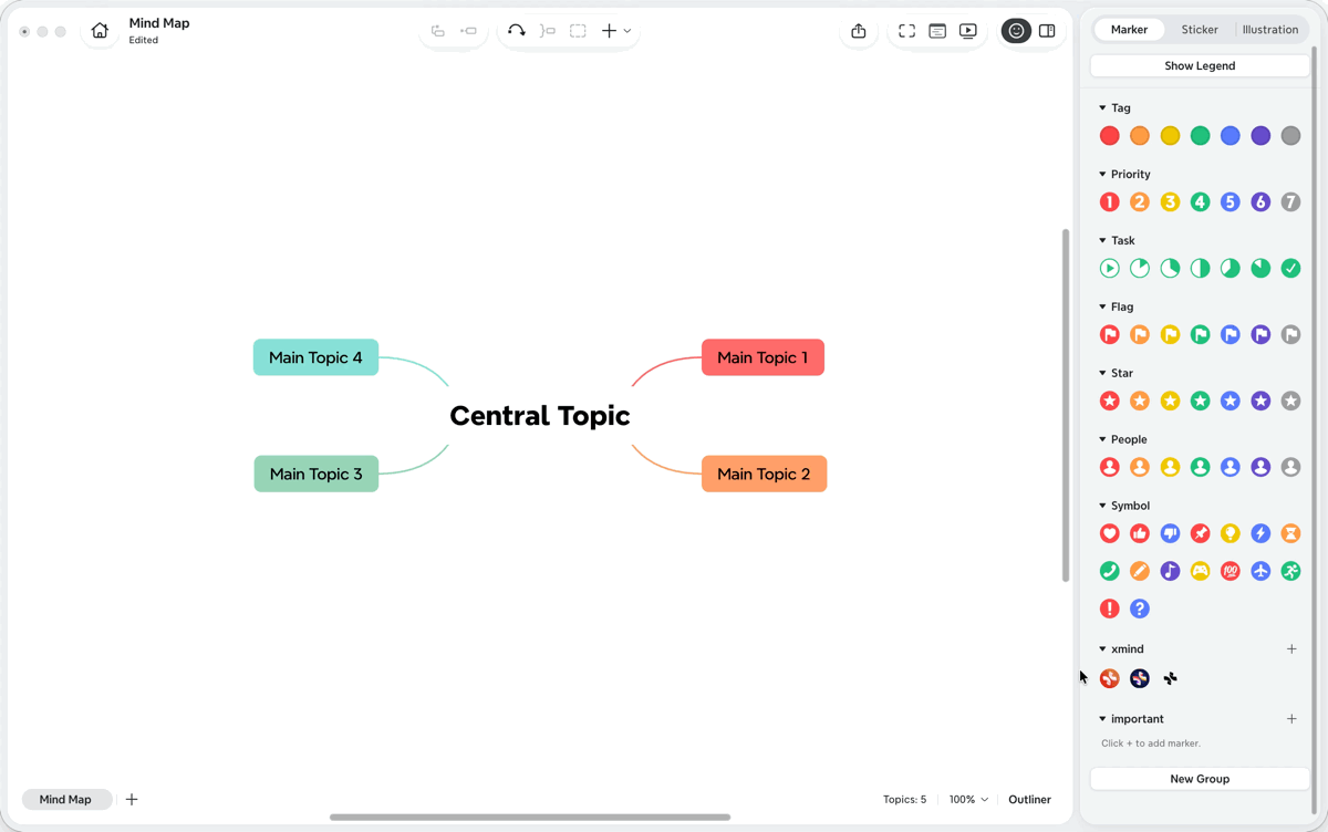 Capture d’écran du panneau Marqueur dans Xmind Desktop, montrant les options de déplacement ou de suppression des marqueurs personnalisés.