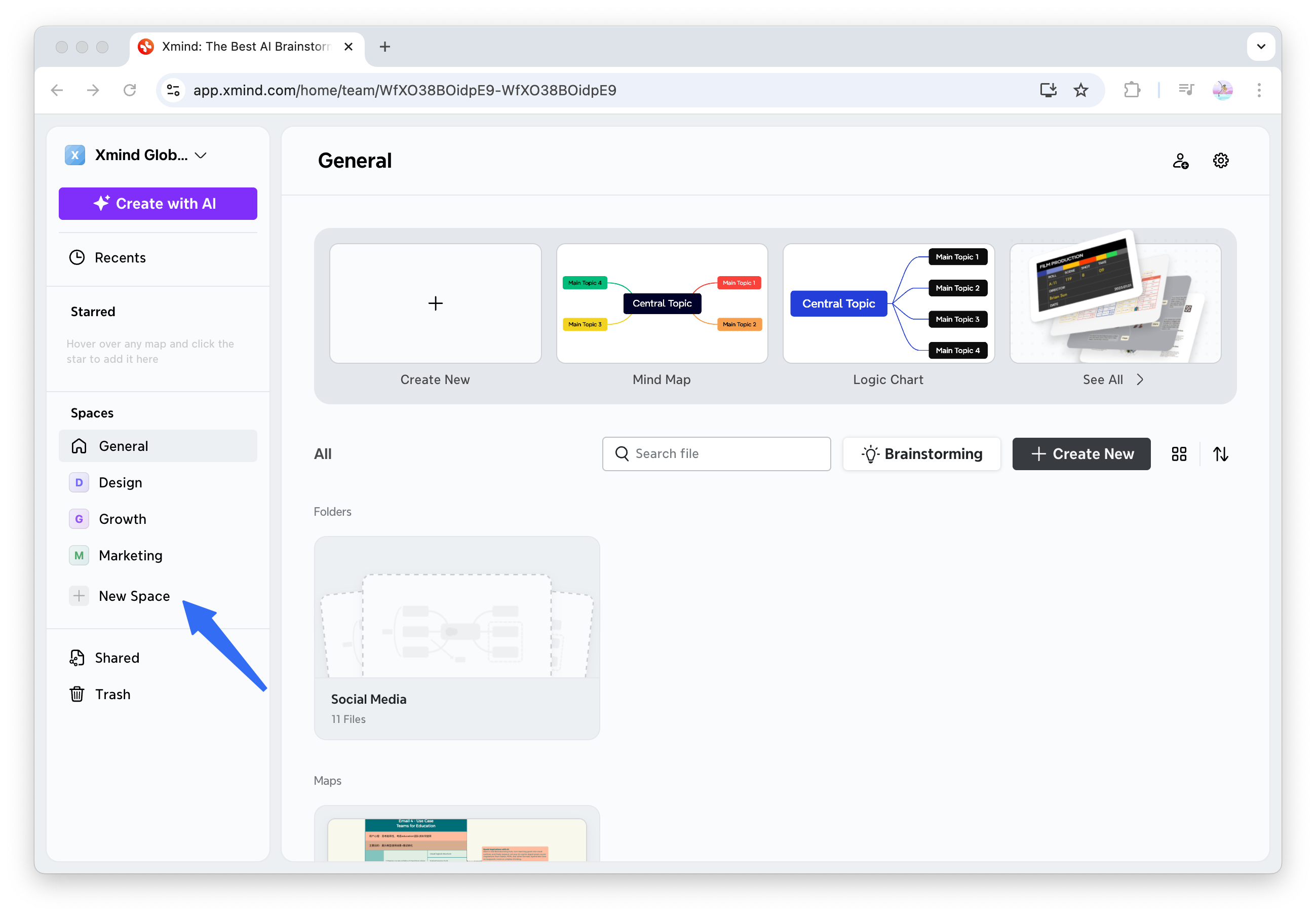 包含项目选项的 Xmind 工作区界面