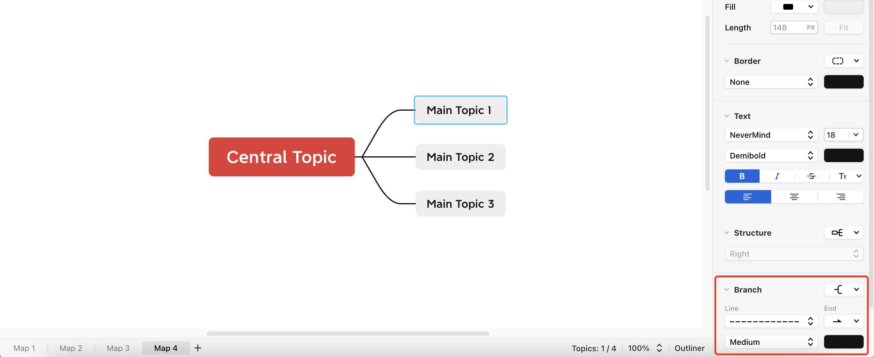 Mind map with a central topic labeled “Central Topic” connected to three main topics.