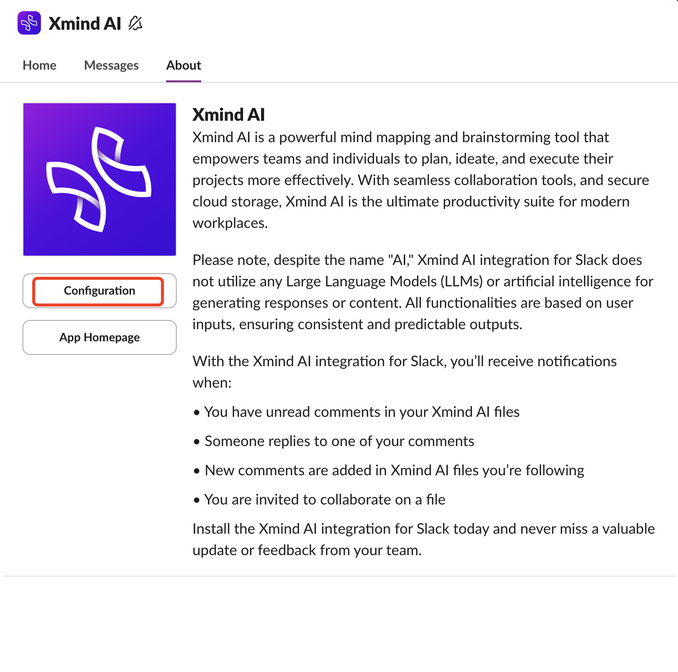 Xmind AI-Integrationseinstellungen in der Slack-Oberfläche