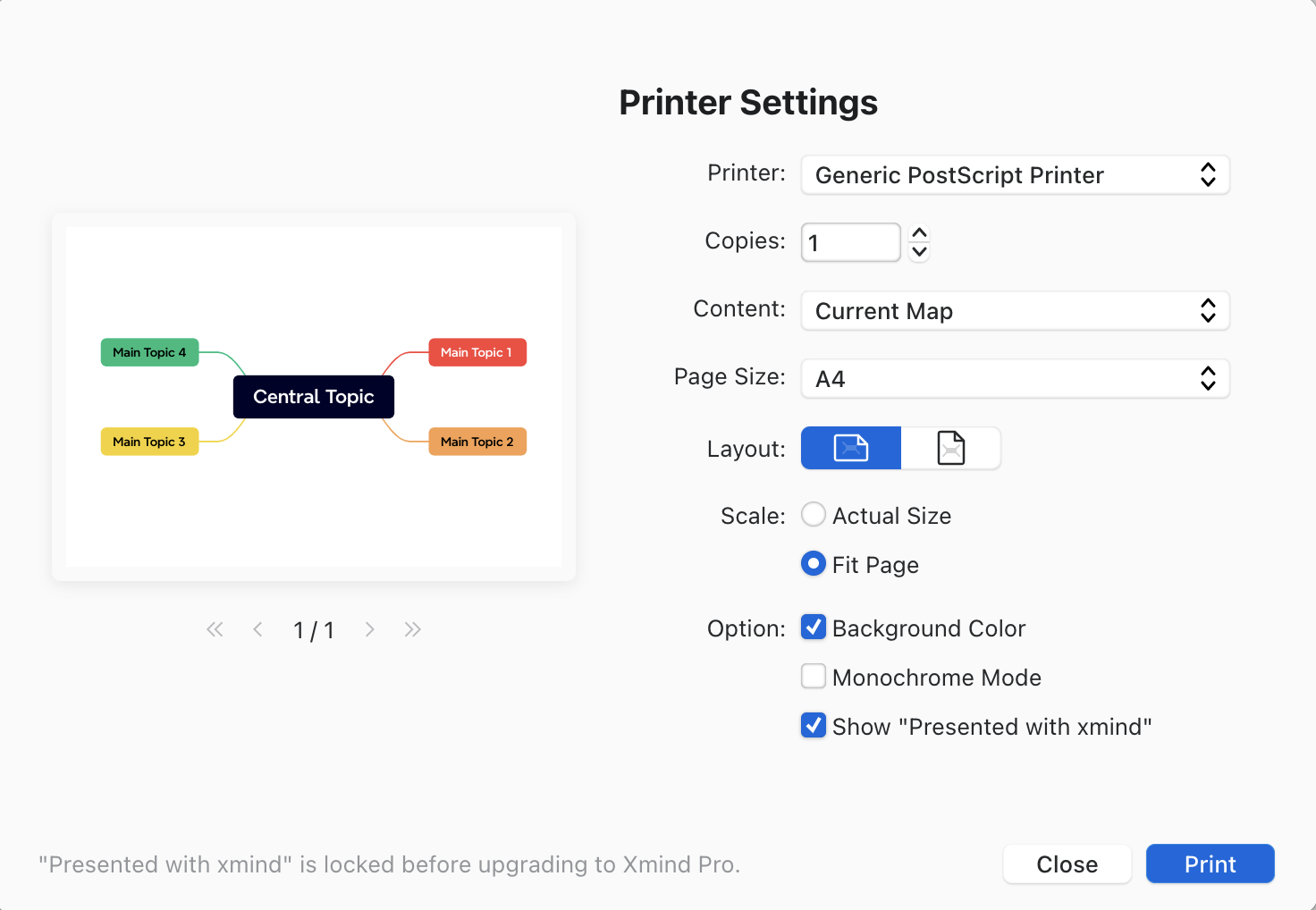 Printer settings interface displaying a mind map with a central topic and four main topics connected.