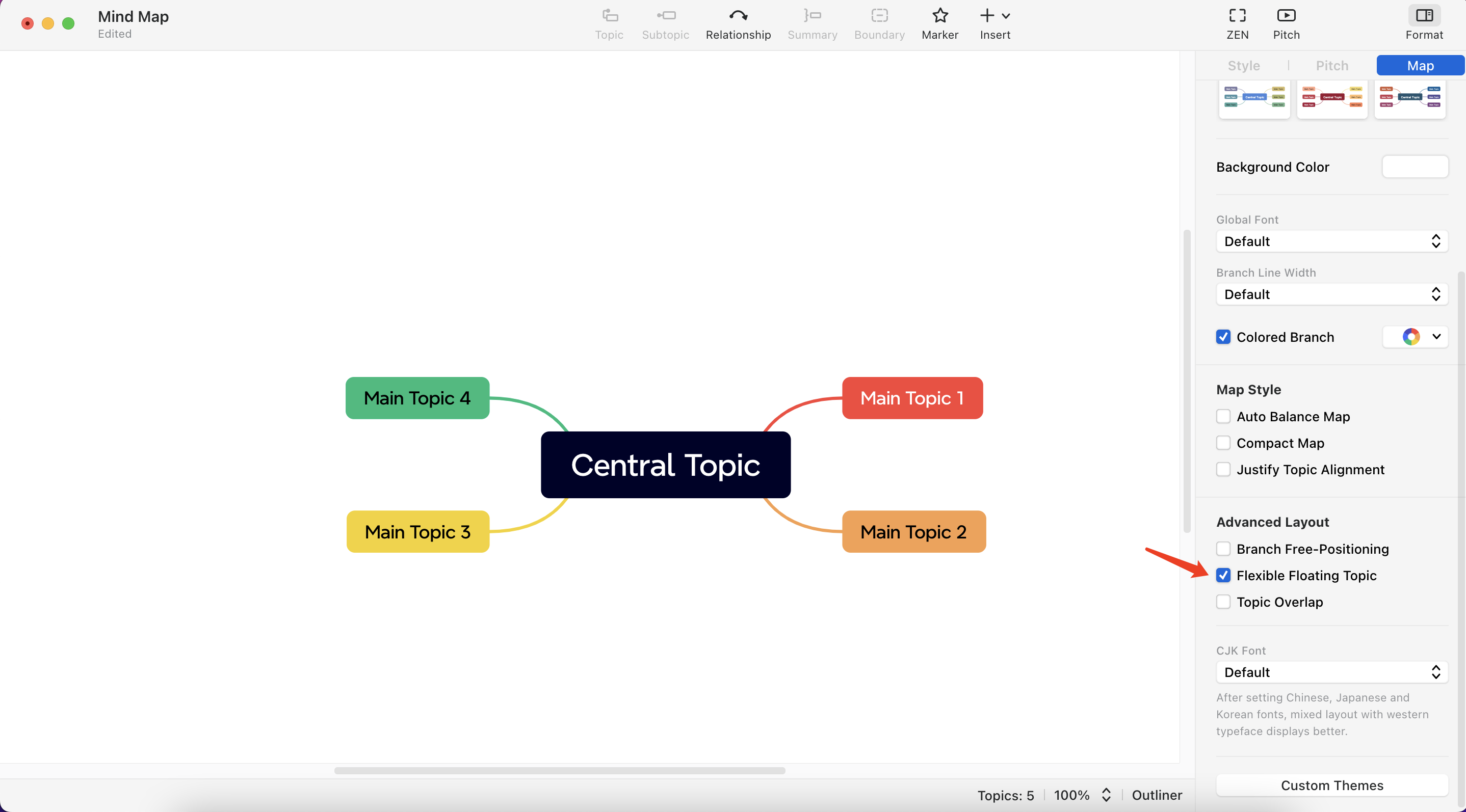 Mind map with a central topic and four main topics connected by colored branches.