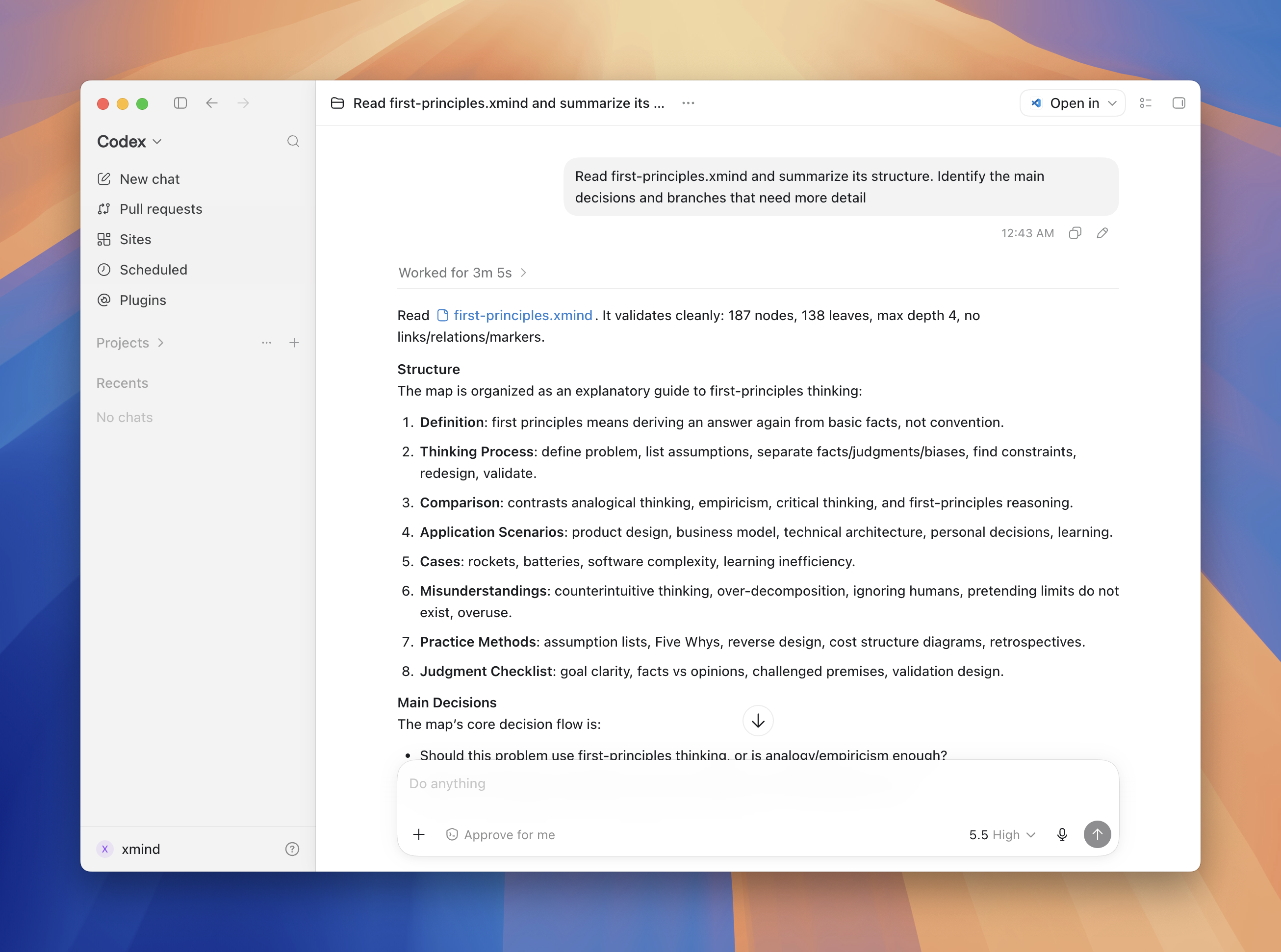 Hội thoại với trợ lý AI cùng tệp .xmind cục bộ trong ngữ cảnh. Trợ lý tóm tắt cấu trúc của sơ đồ, xác định các quyết định và rủi ro quan trọng, và xác nhận đường dẫn tệp đã lưu sau khi áp dụng các chỉnh sửa được yêu cầu.