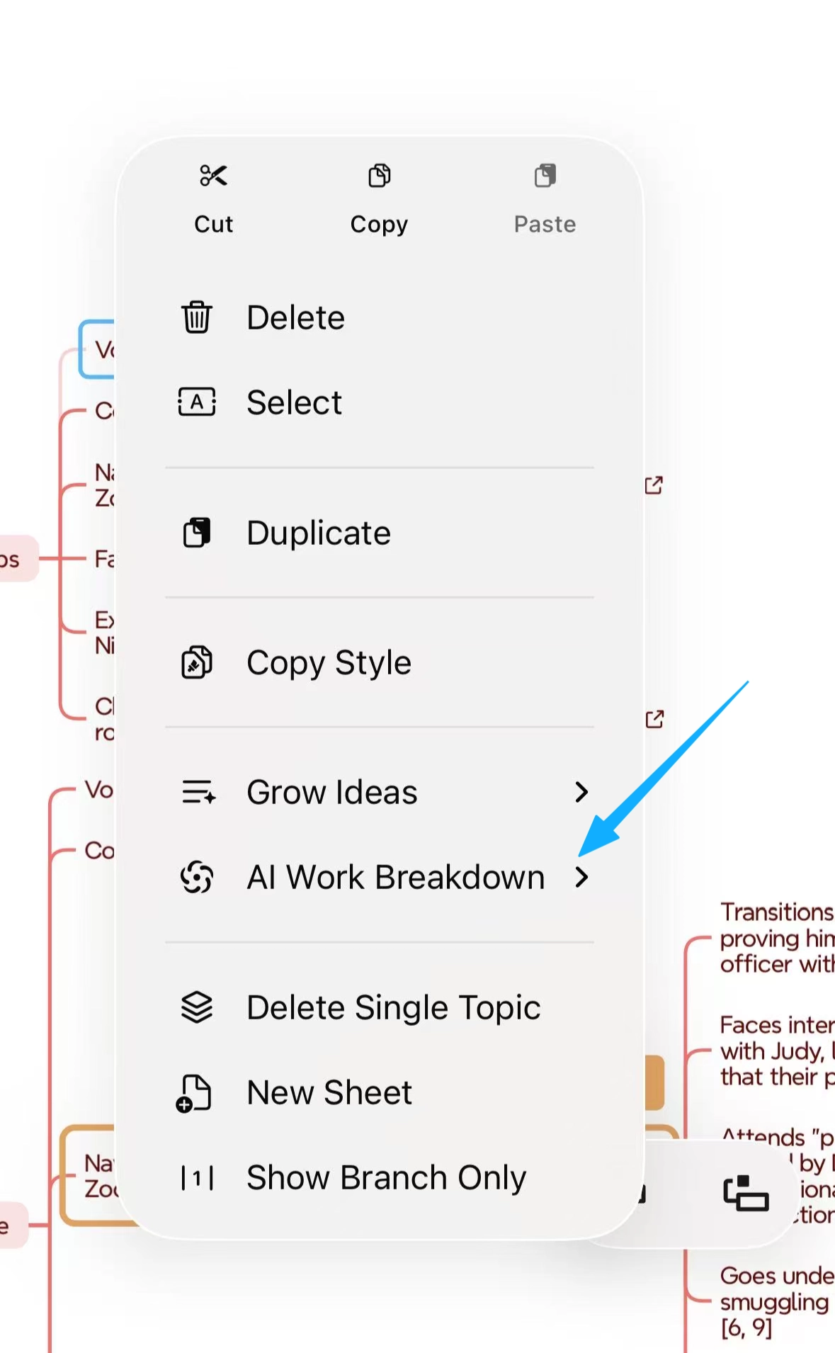 Xmind context menu with AI Work Breakdown option highlighted by blue arrow.