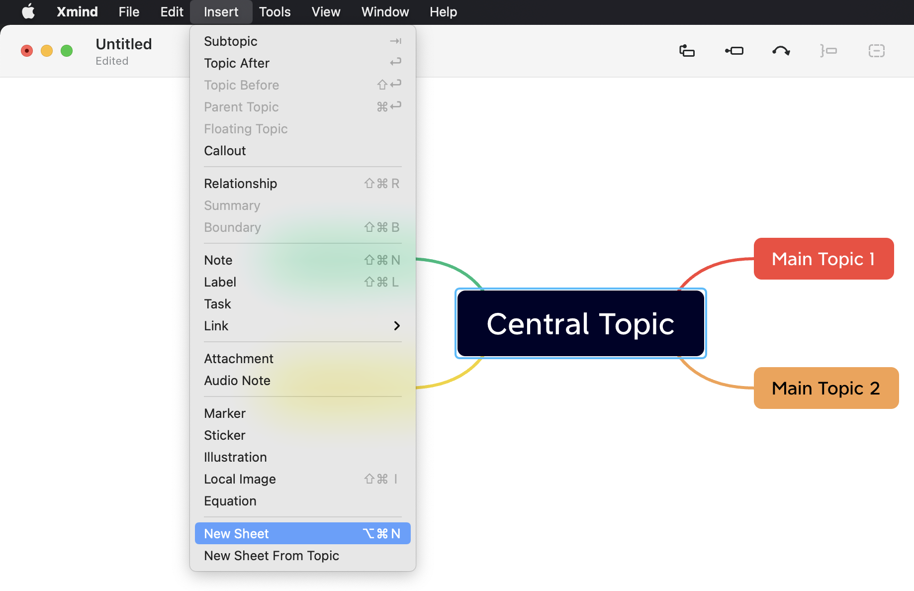 Screenshot of Xmind mind mapping interface showing a menu and a central topic with two main topics connected.