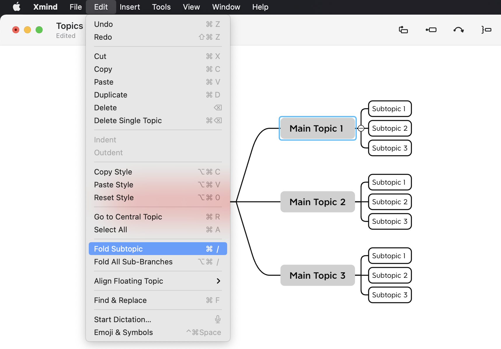 Menu of Xmind software showing editing options and a mind map with three main topics and their subtopics.
