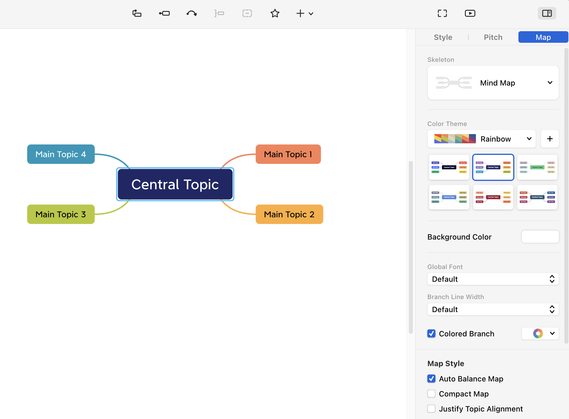 Colorful mind map featuring a central topic with five main branches labeled 1 to 4.