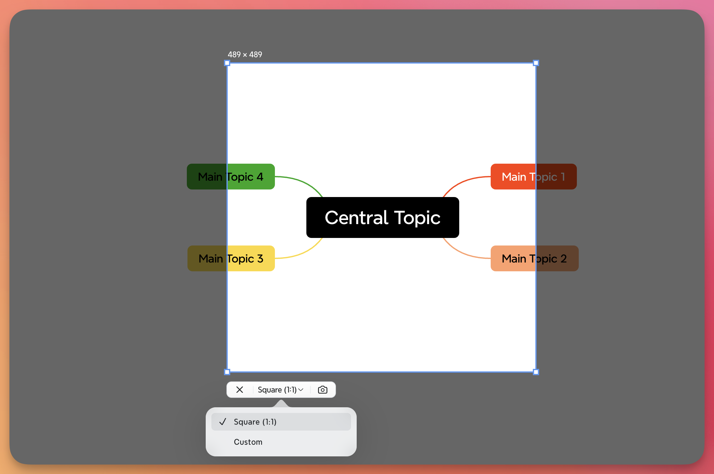 Mapa mental con un tema central etiquetado como “Tema central” conectado a cuatro temas principales.