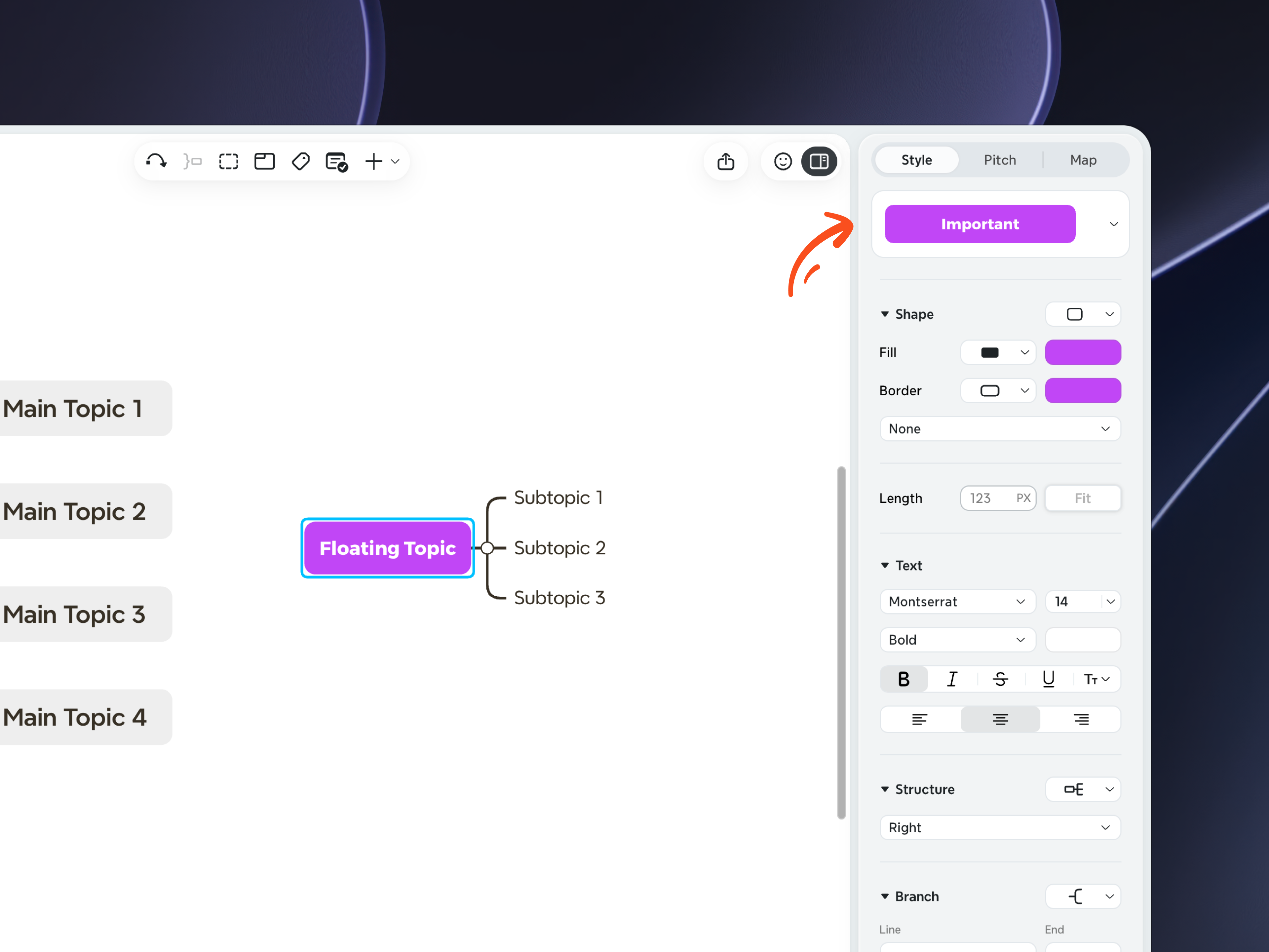 Xmind sur ordinateur avec un sujet flottant sélectionné. Le panneau Format sur la droite affiche les options de style du sujet telles que Forme, Remplissage, Bordure et Texte.