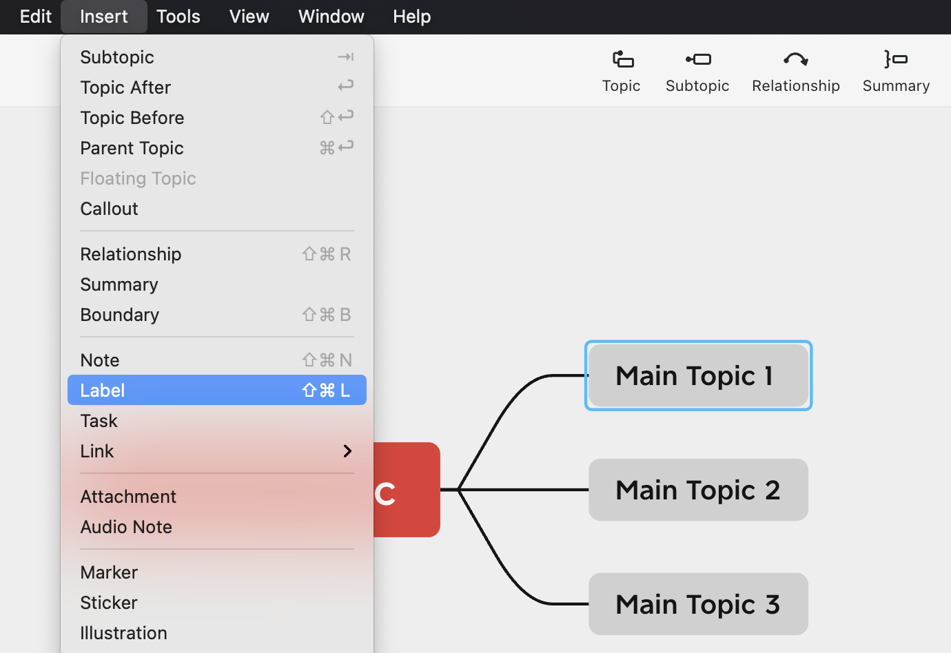 Menu interface showing “Insert” options, highlighting “Label” with mind map topics listed below.