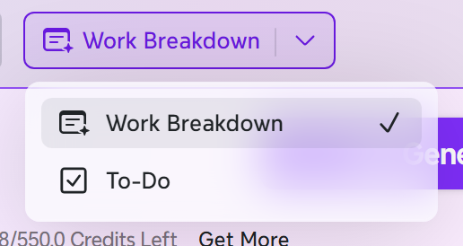 Le menu de mode dans la fenêtre Créer avec l’IA dans Xmind sur Windows, montrant Répartition du travail et À faire.