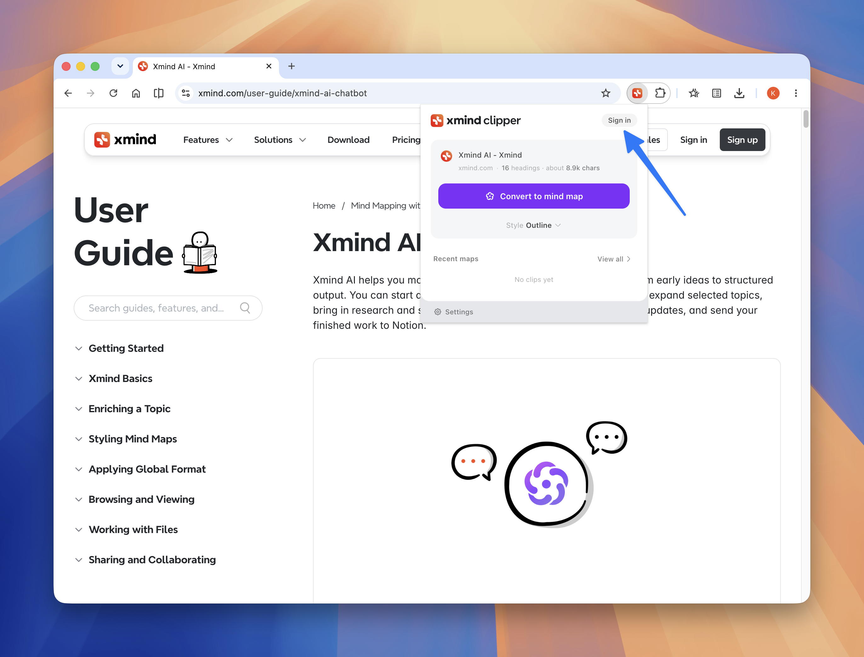 Xmind Web Clipper extension popup showing convert to mind map button over documentation page