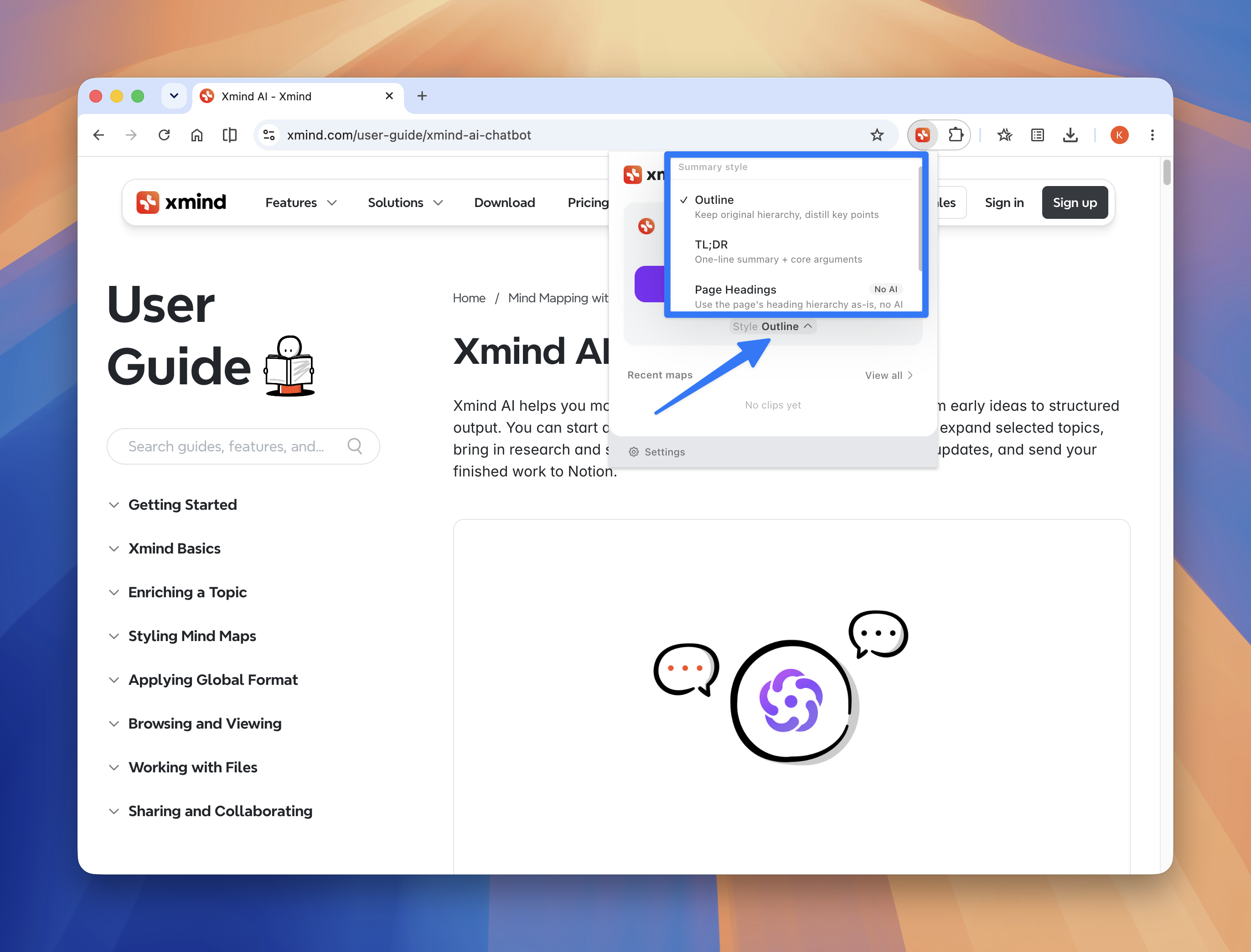 Xmind Web Clipper interface showing summary style options with outline format selected