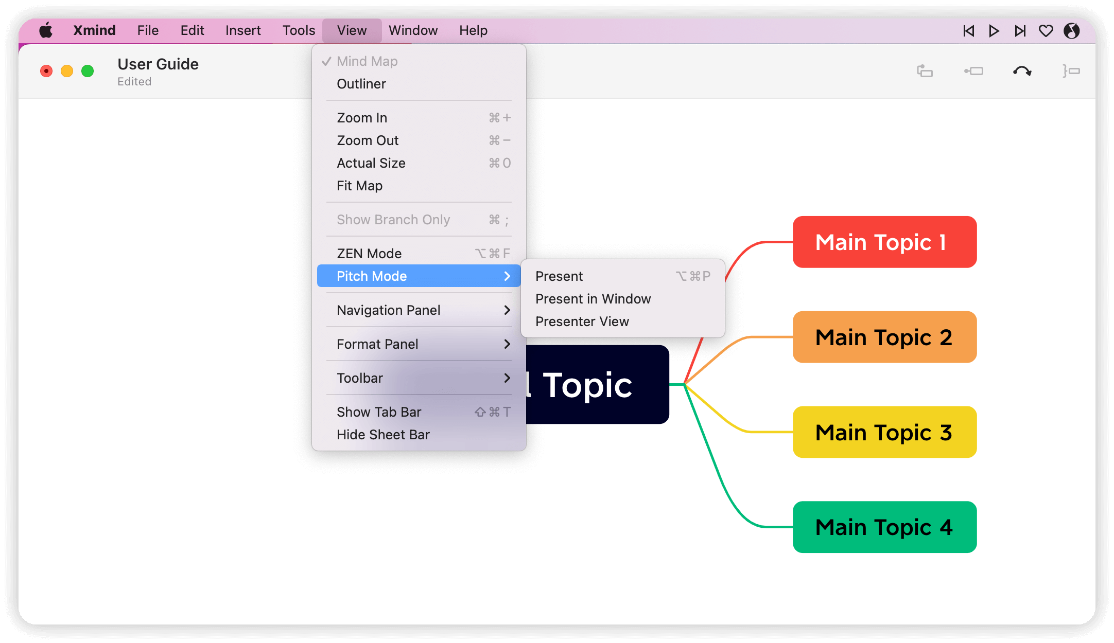 Options de menu pour un guide d’utilisation avec le mode Diaporama en surbrillance et une carte mentale affichant quatre sujets principaux.