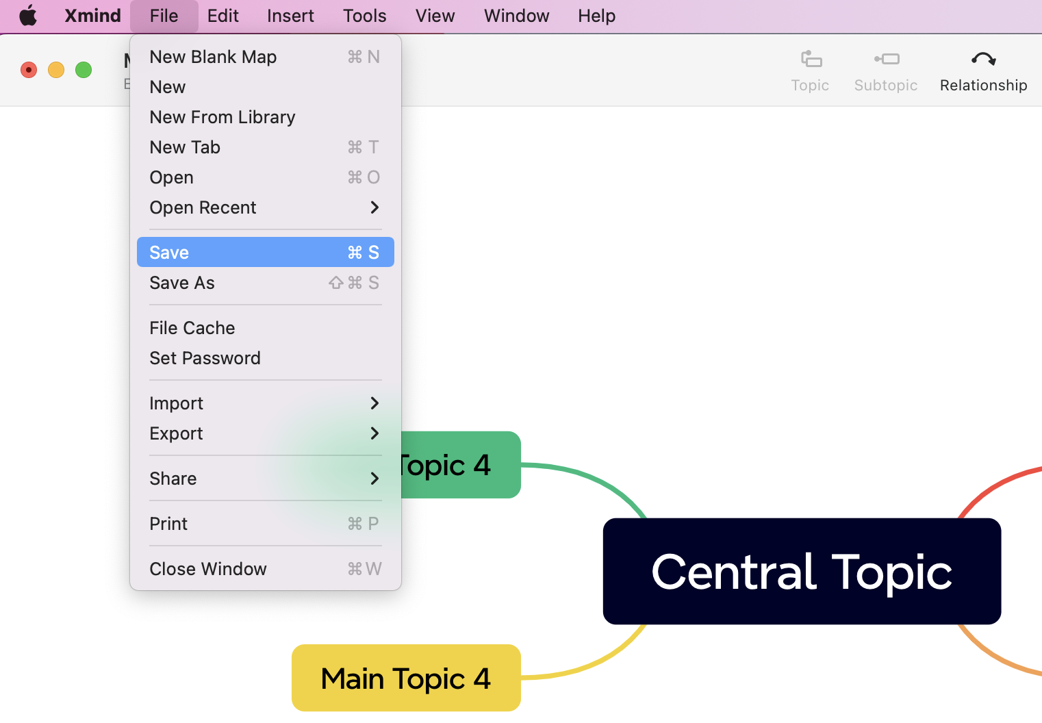 Menu options from Xmind software with “Save” highlighted and mind map topics displayed.