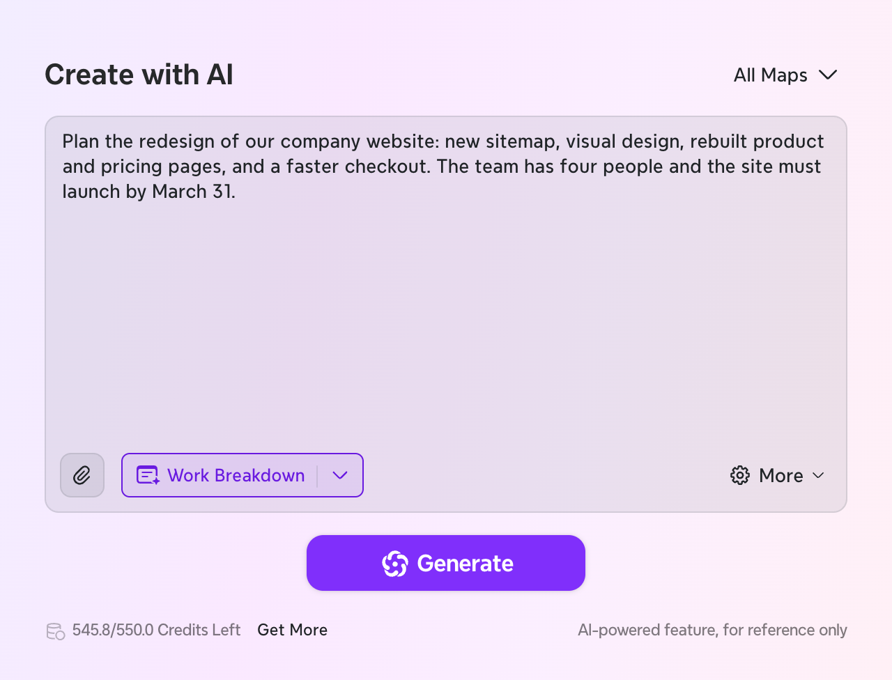 La fenêtre Créer avec l’IA dans Xmind sur Mac, avec la Répartition du travail activée et une description de projet dans la zone de saisie.