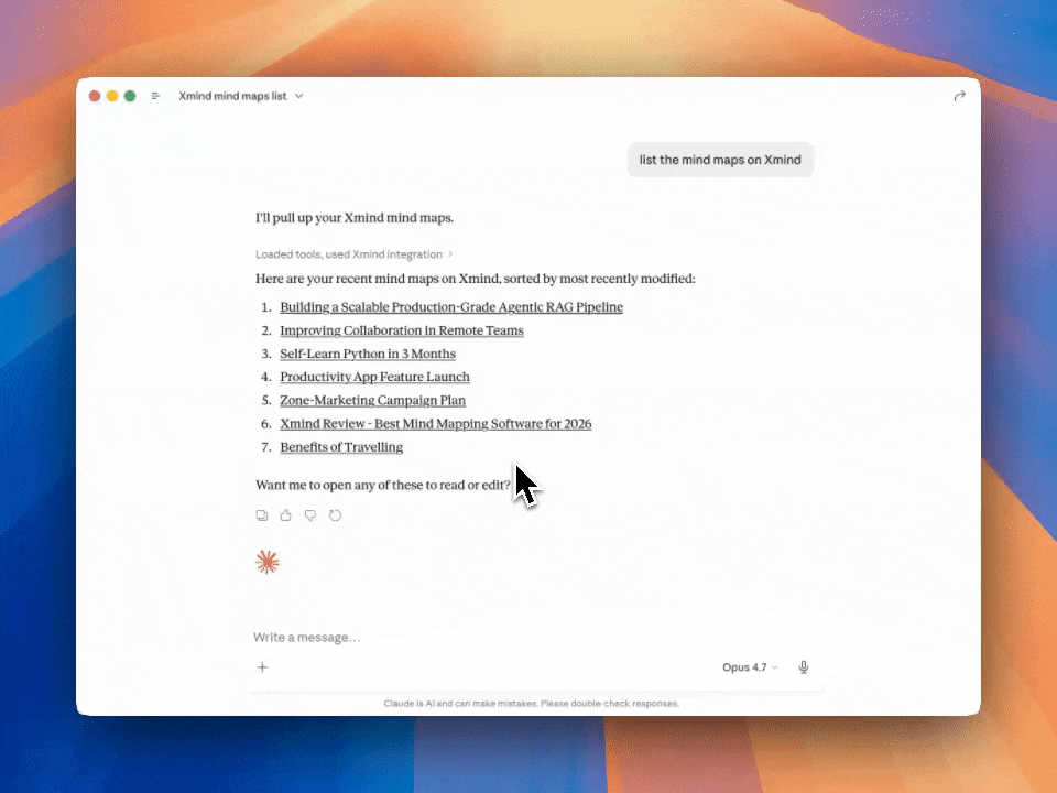 Screenshot der Xmind-MCP-Oberfläche: Mindmaps mit Xmind MCP auflisten