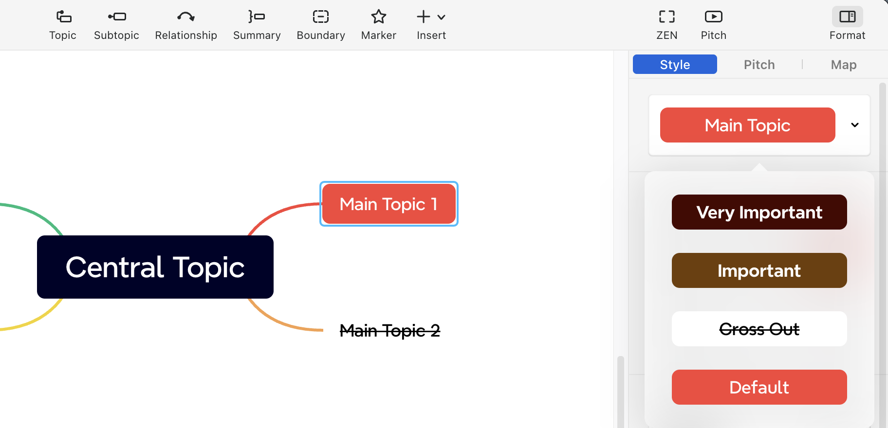 Mind map featuring a central topic labeled “Central Topic,” with two main topics branching out.