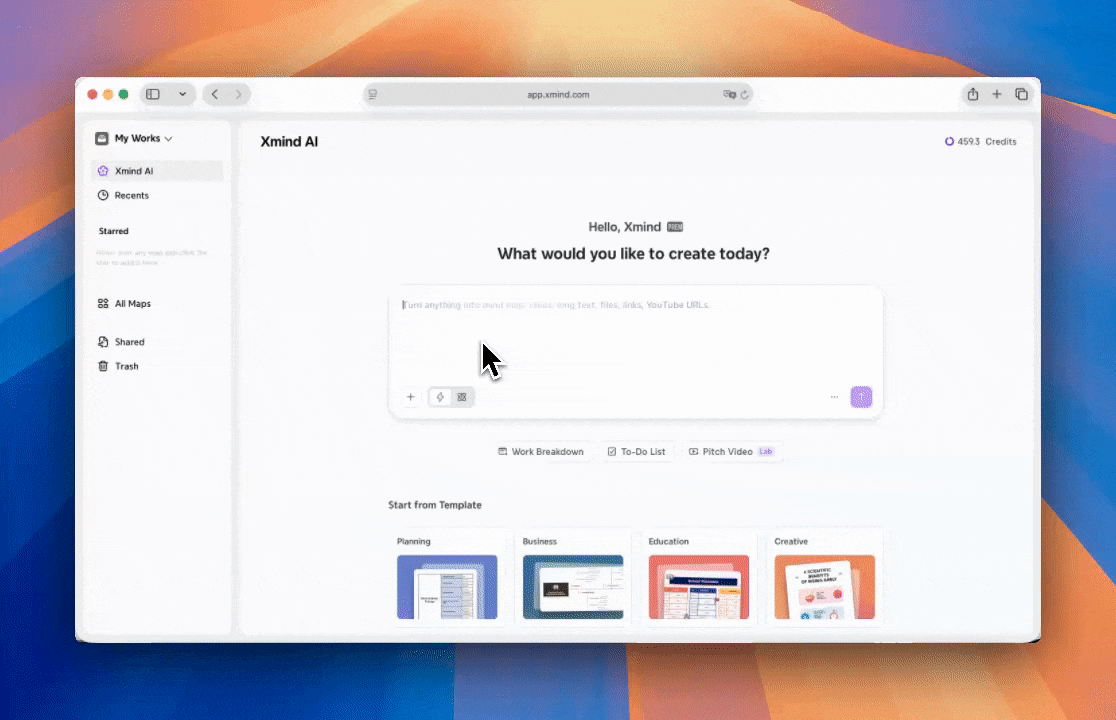 AI mind map creation interface screenshot: Generate a mind map in Xmind AI with text