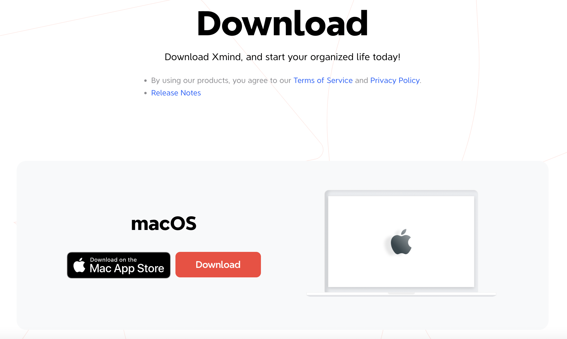 Download page for Xmind with options for macOS and a download button.