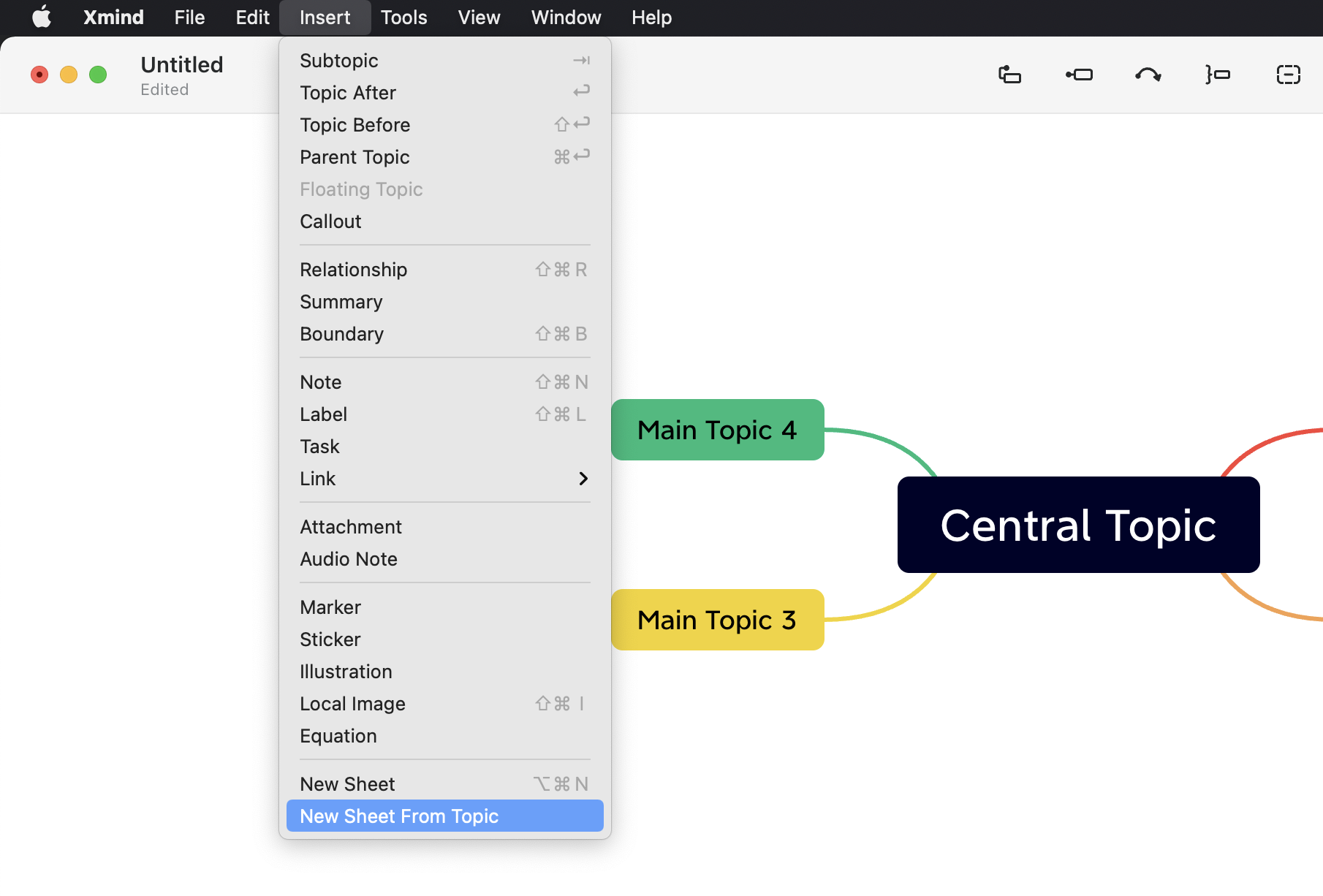 Menu options from Xmind software with “Central Topic” and “Main Topic 3” and “Main Topic 4” displayed on the right.