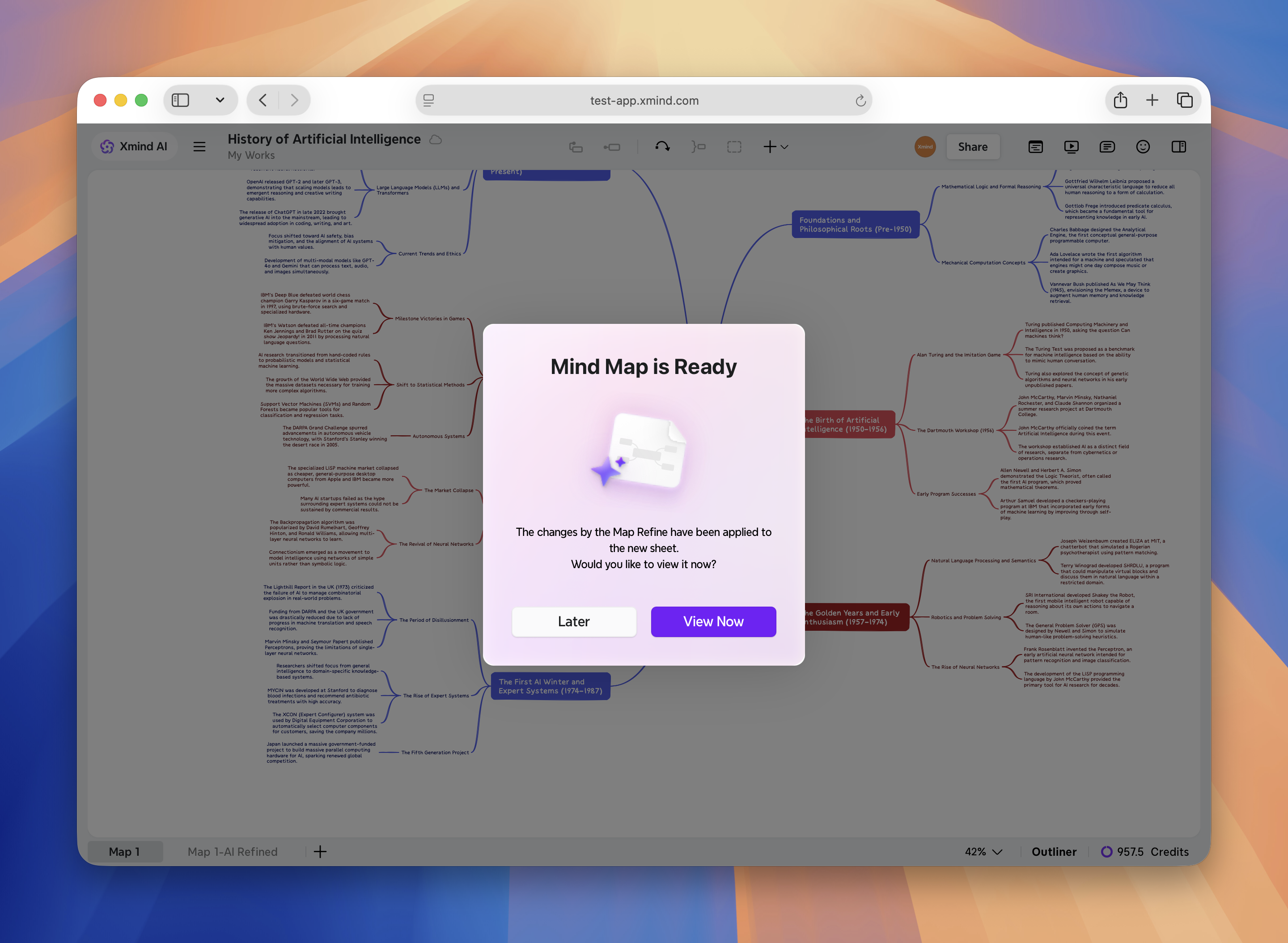 Dialog box confirming Map Refine changes applied to artificial intelligence history mind map.