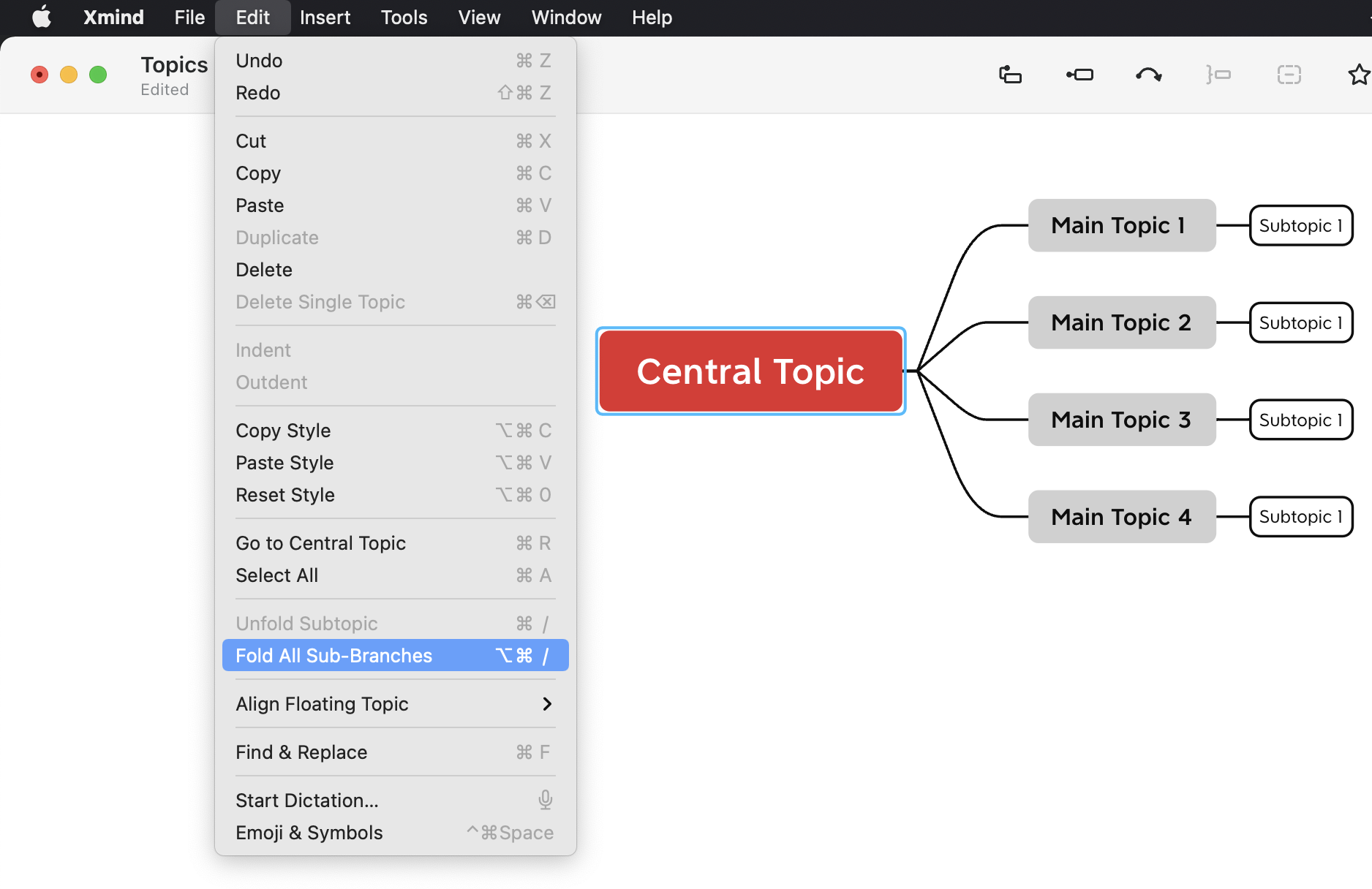 Menu options from Xmind app showing “Edit” with topics, including a main “Central Topic” and related subtopics.