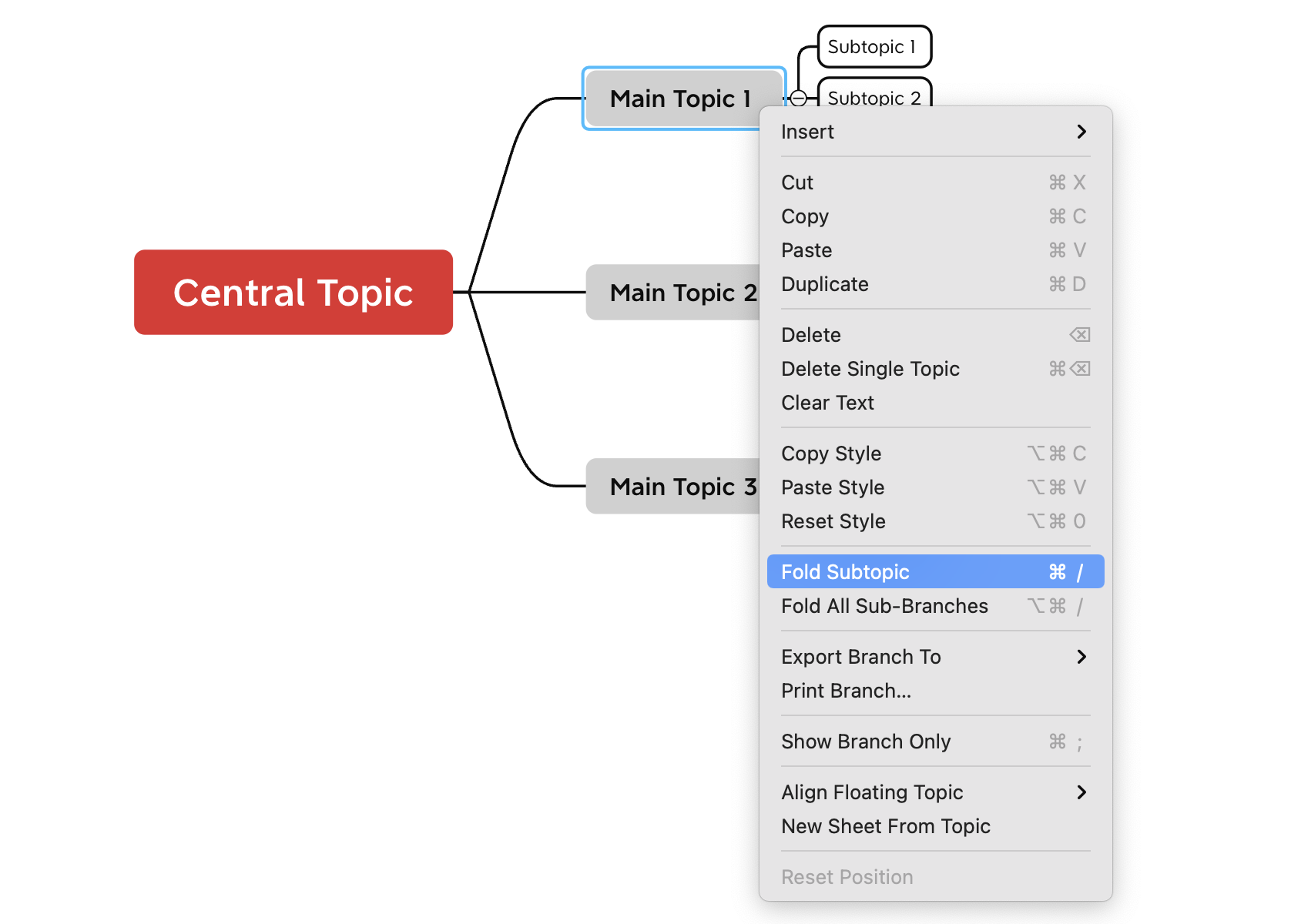 Mind map with a central topic labeled “Central Topic” and options for editing subtopics on the right.
