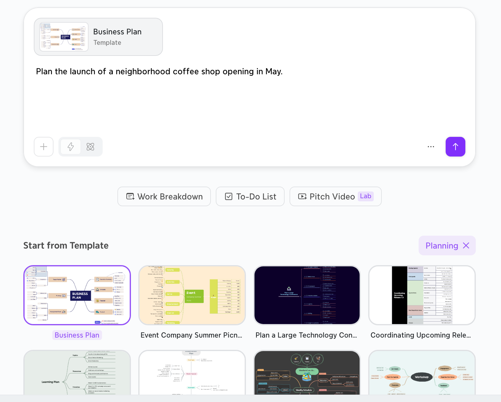網頁版 Xmind AI,輸入框中加入商業計畫範本、關於咖啡廳開幕的提示,以及下方的規劃類範本。