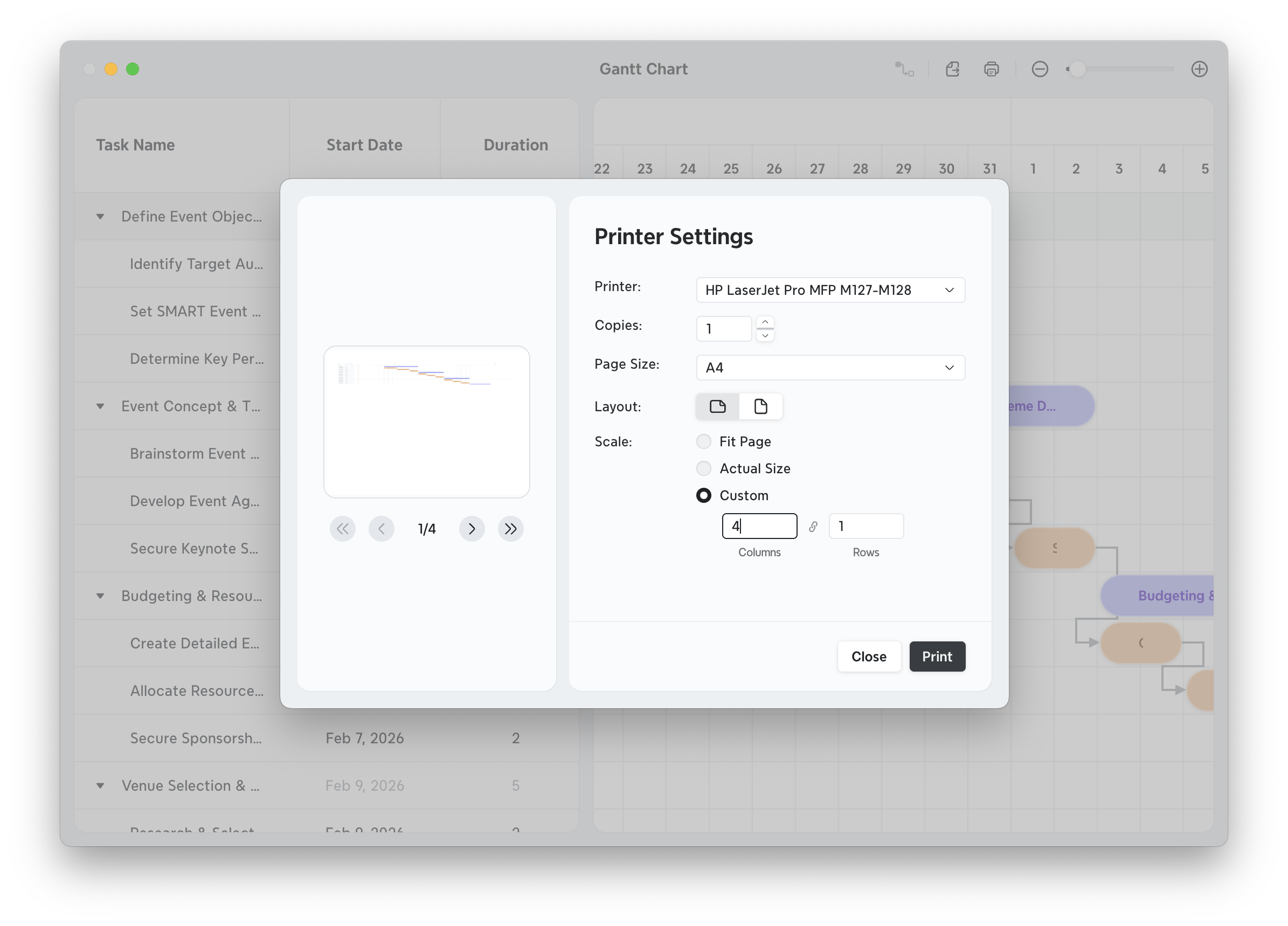 Printer settings dialog box overlaying an Xmind Gantt chart with task list and timeline.