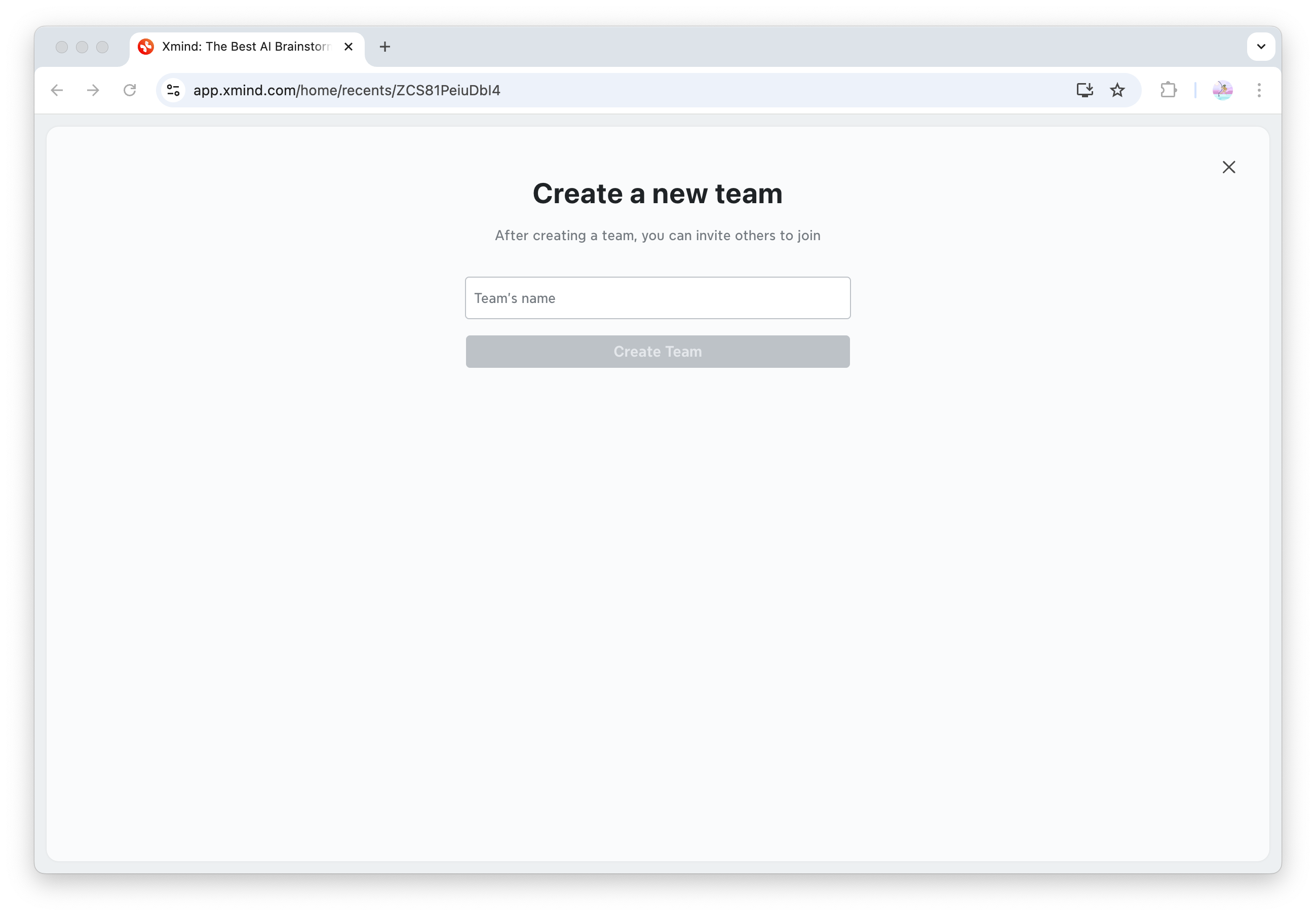 Interfaz para crear un nuevo equipo en Xmind