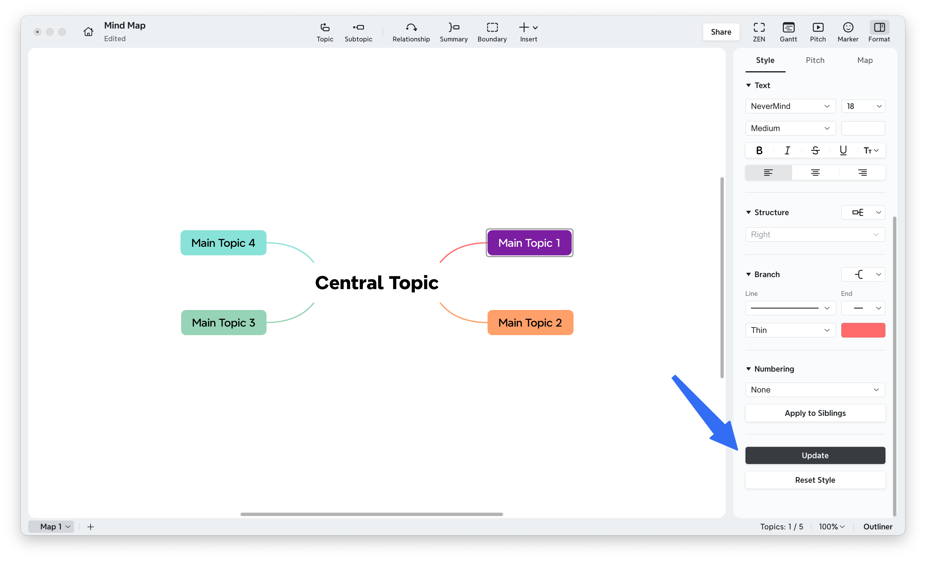 Interface d’édition de carte mentale avec options de style