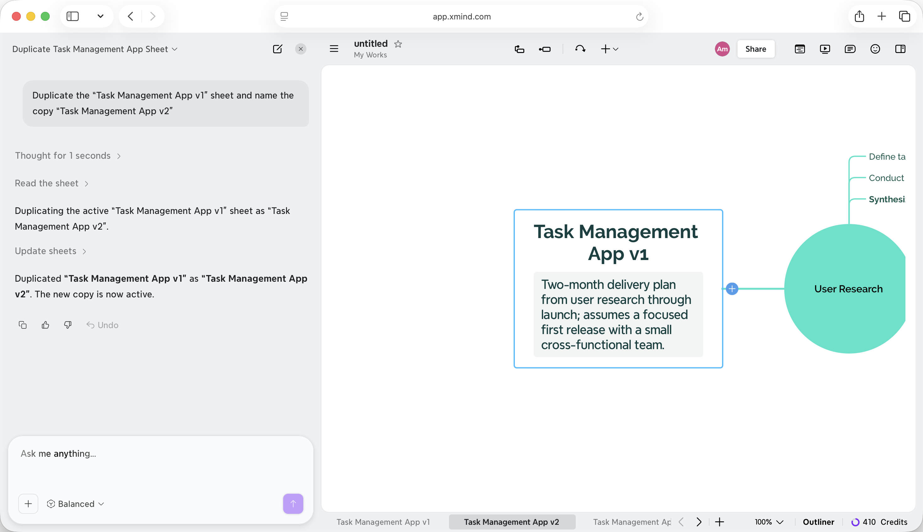 Xmind Agent가 Task Management App v1 시트를 Task Management App v2로 복제했으며, 새 시트가 선택되고 원본 시트 탭은 계속 표시됩니다.