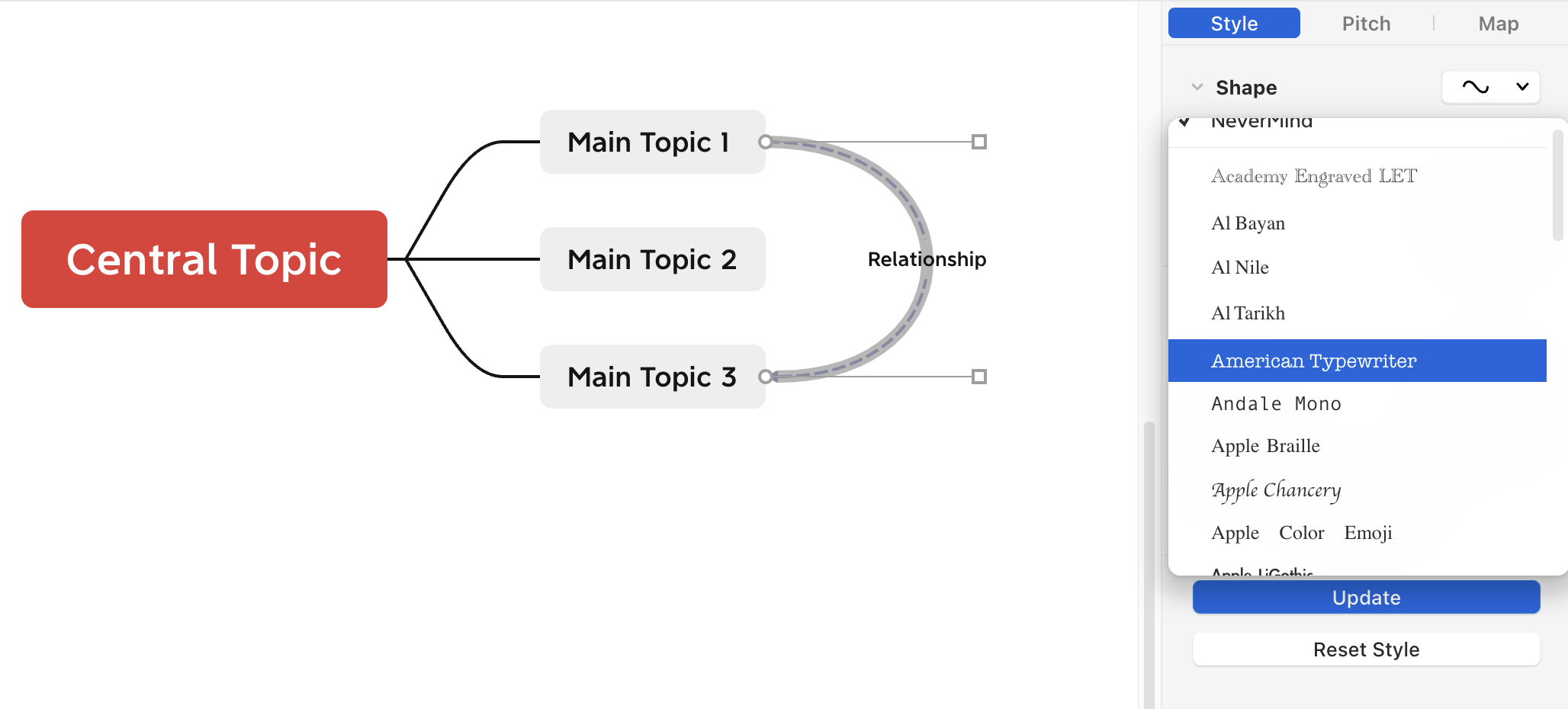 Carte heuristique avec un sujet central intitulé « Sujet central » relié à trois sujets principaux et un descripteur de relation.