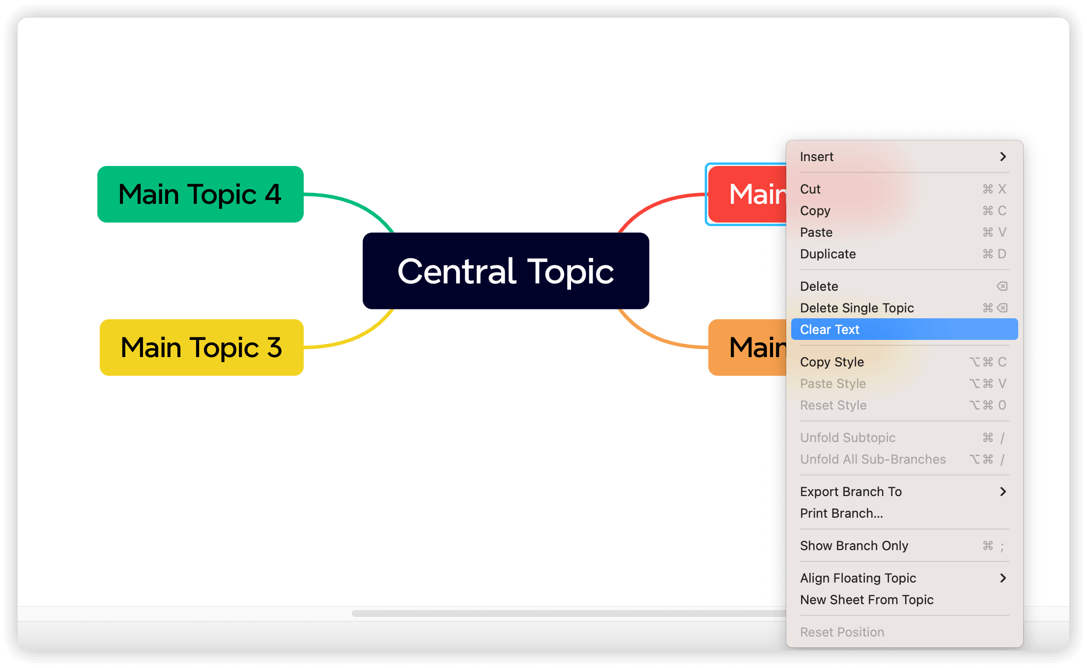 Mind map showing a central topic with branches for four main topics and a context menu open on the right.