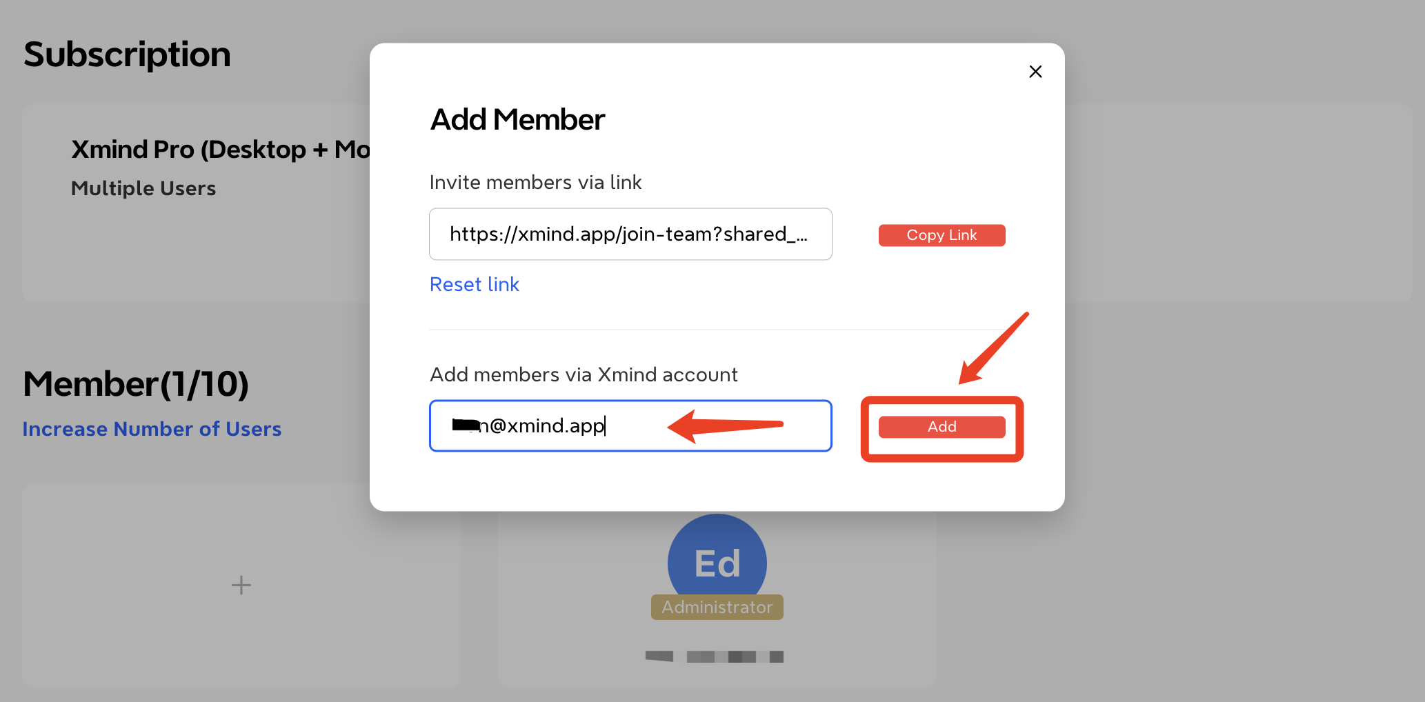 Ventana emergente para añadir un miembro a una suscripción de Xmind, que muestra un enlace de invitación y un campo para introducir el correo electrónico.