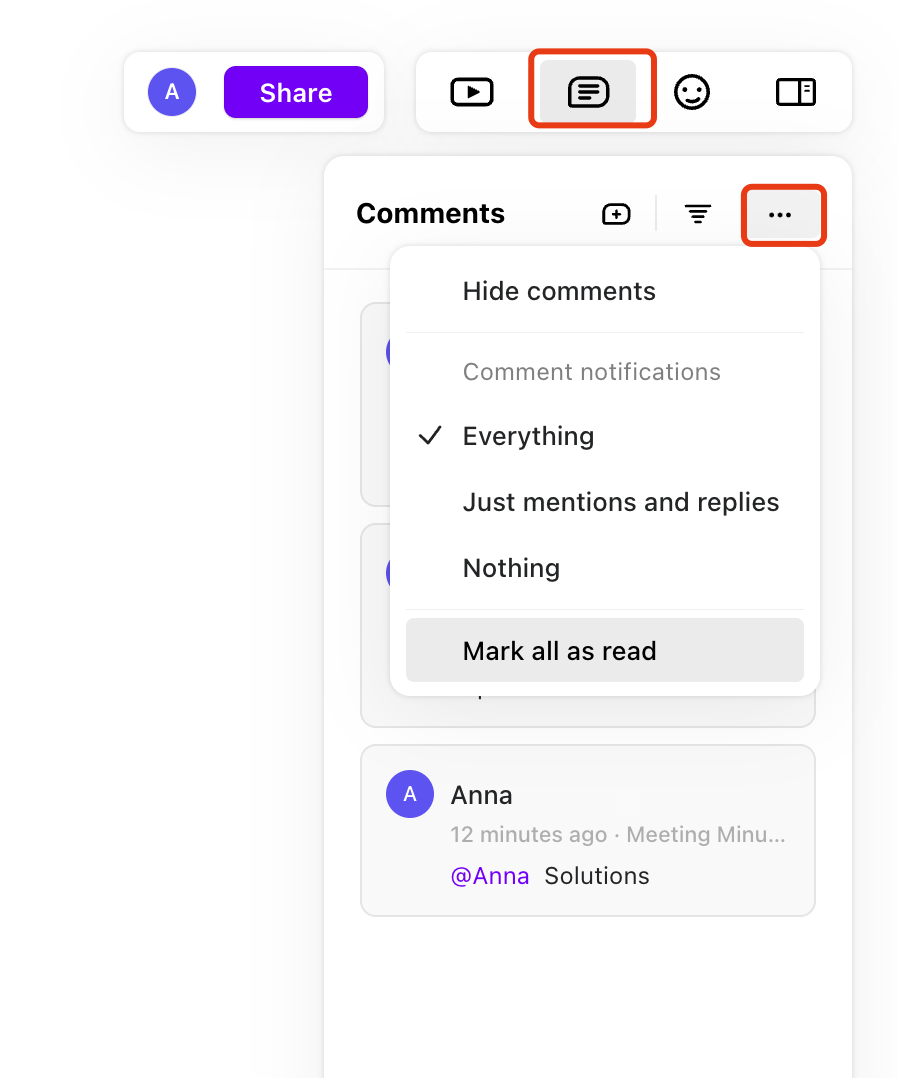 Menu d’options des commentaires avec des choix pour masquer les commentaires, ajuster les notifications et tout marquer comme lu.