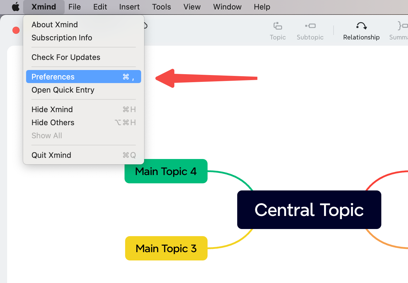 Xmind menu showing preferences selection and topics