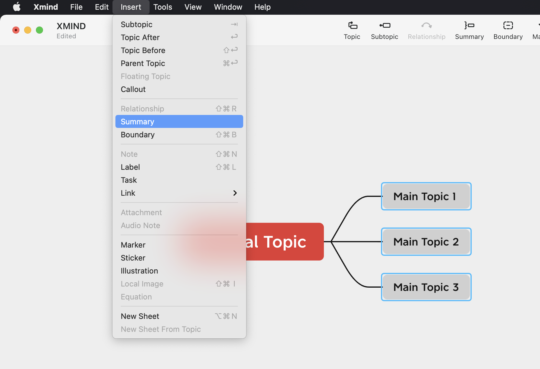 Dropdown menu in XMind software showing options related to adding topics and details to a mind map.