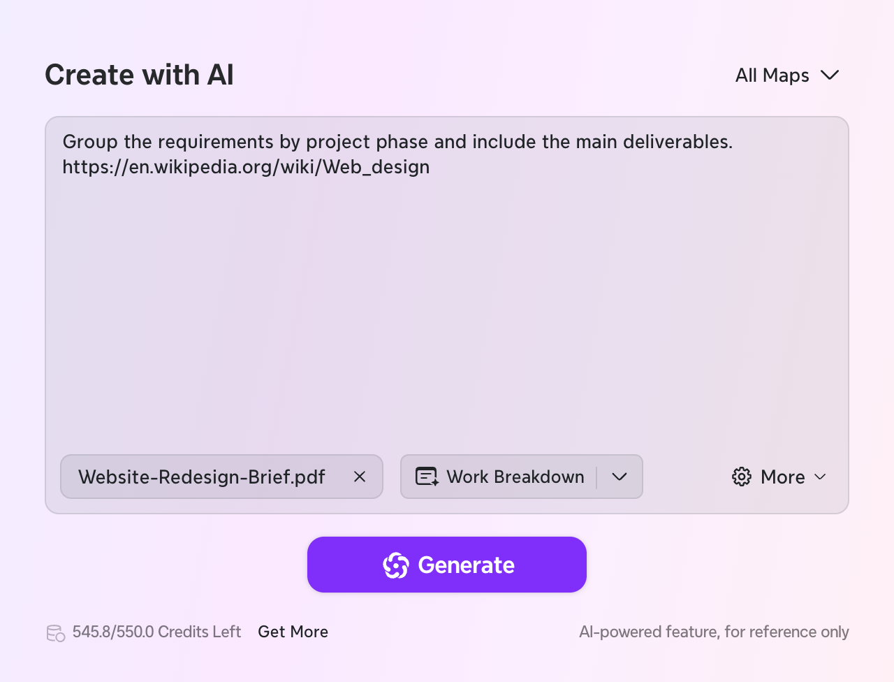 La fenêtre Créer avec l’IA dans Xmind sur Mac, avec un brief de projet joint, un lien de page web et des instructions pour organiser les exigences.