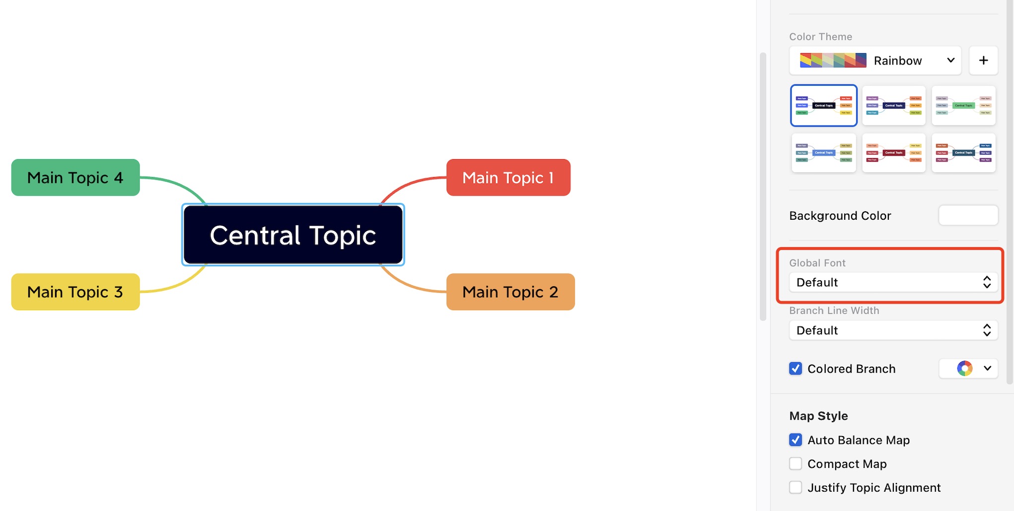 Mind map with a central topic in blue, connecting to four main topics in various colors.