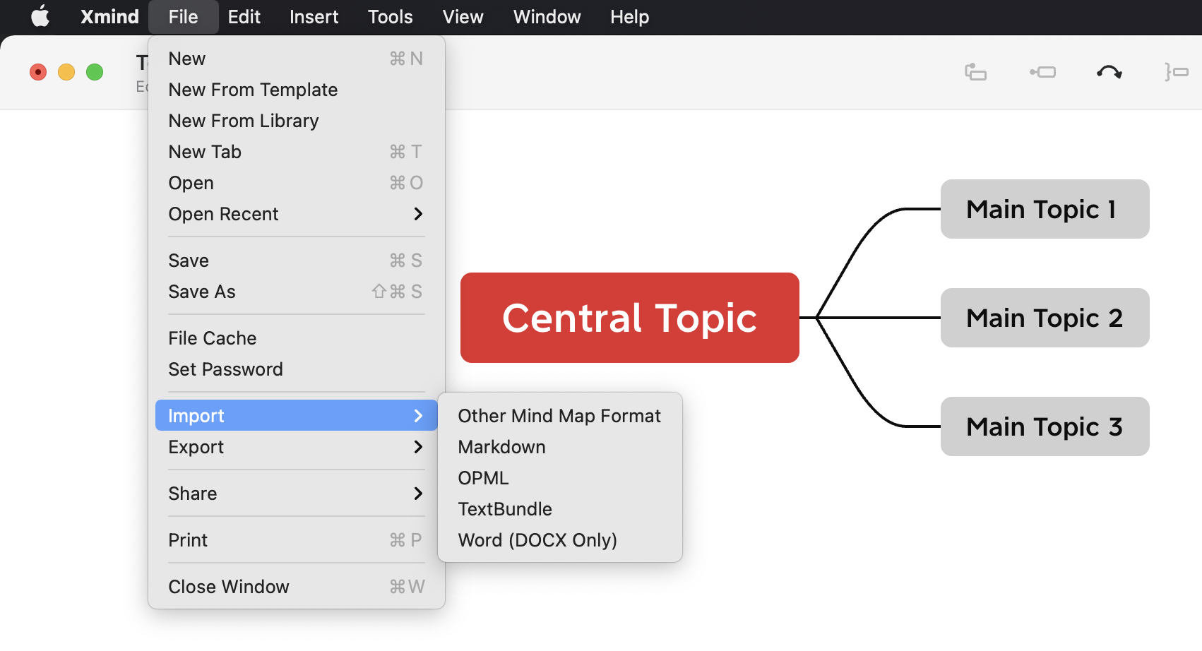 Menu options for Xmind software with a highlighted “Import” section and a mind map featuring a central topic and three main topics.