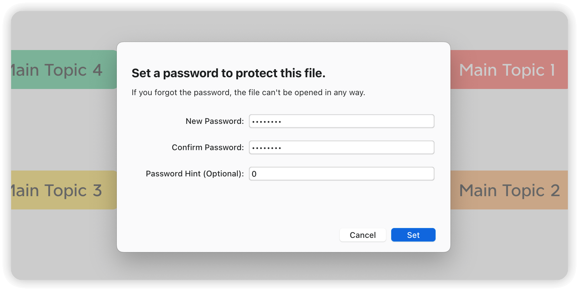 Popup window for setting a password to protect a file, with fields for new password, confirmation, and a hint.