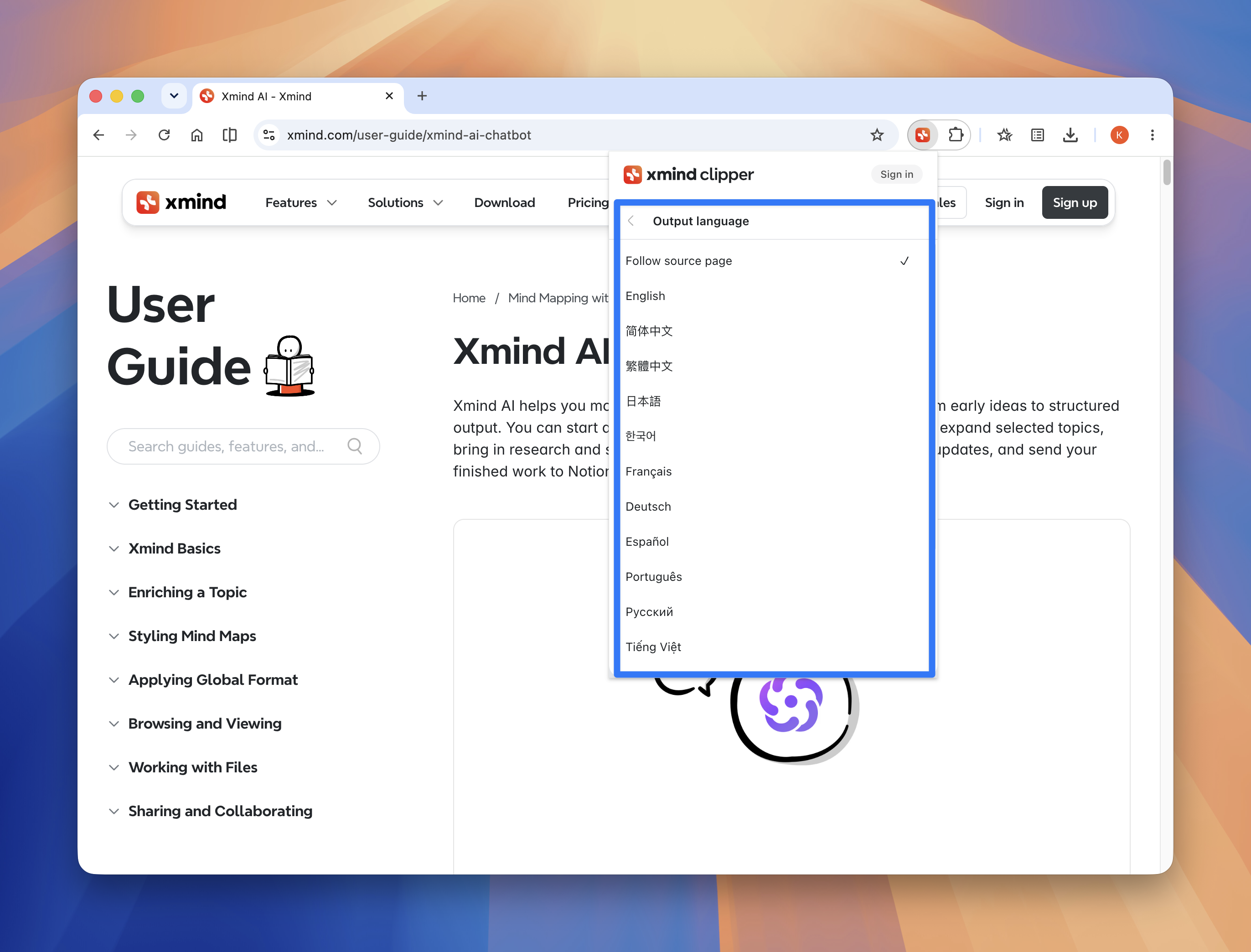 Xmind Web Clipper language selection dropdown menu showing multiple language options available.
