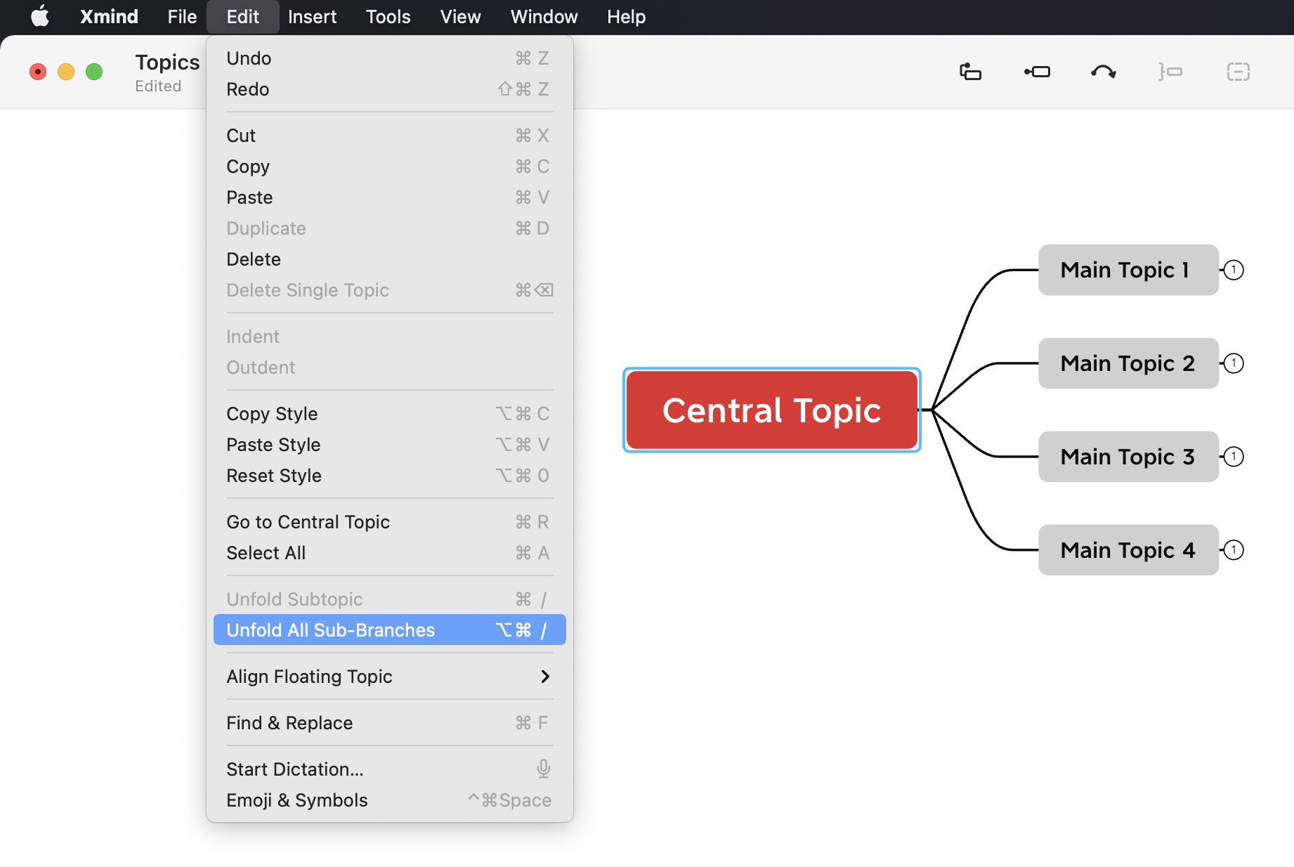 Dropdown menu of editing options in Xmind with “Central Topic” and four main topics displayed in a mind map format.