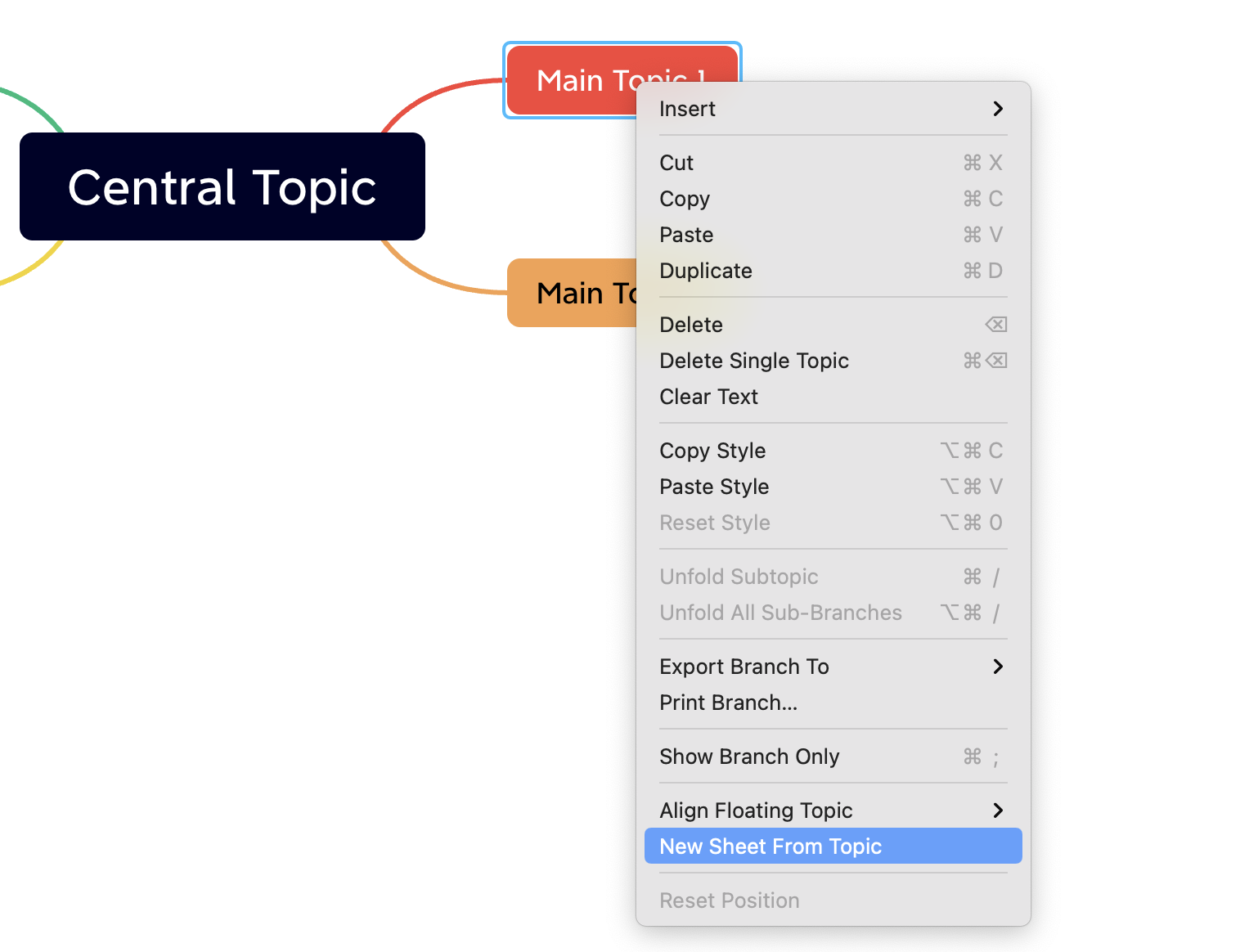 Mind map displaying a central topic with options for inserting, copying, and managing topics in a dropdown menu.
