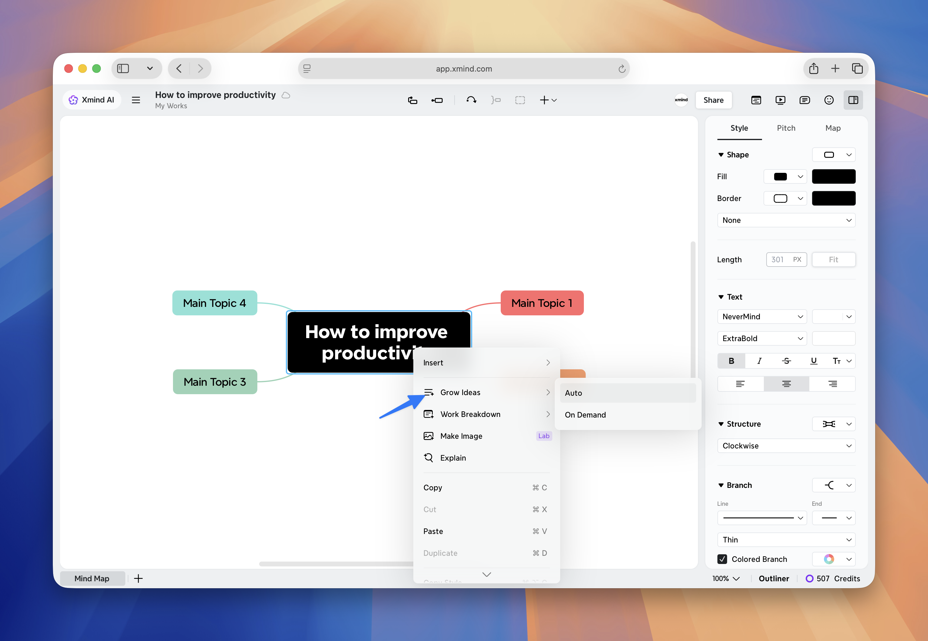 Carte mentale avec des sujets de productivité et un menu d’options