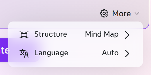 Le menu Plus dans la fenêtre Créer avec l’IA dans Xmind sur Windows, montrant les options Structure et Langue.